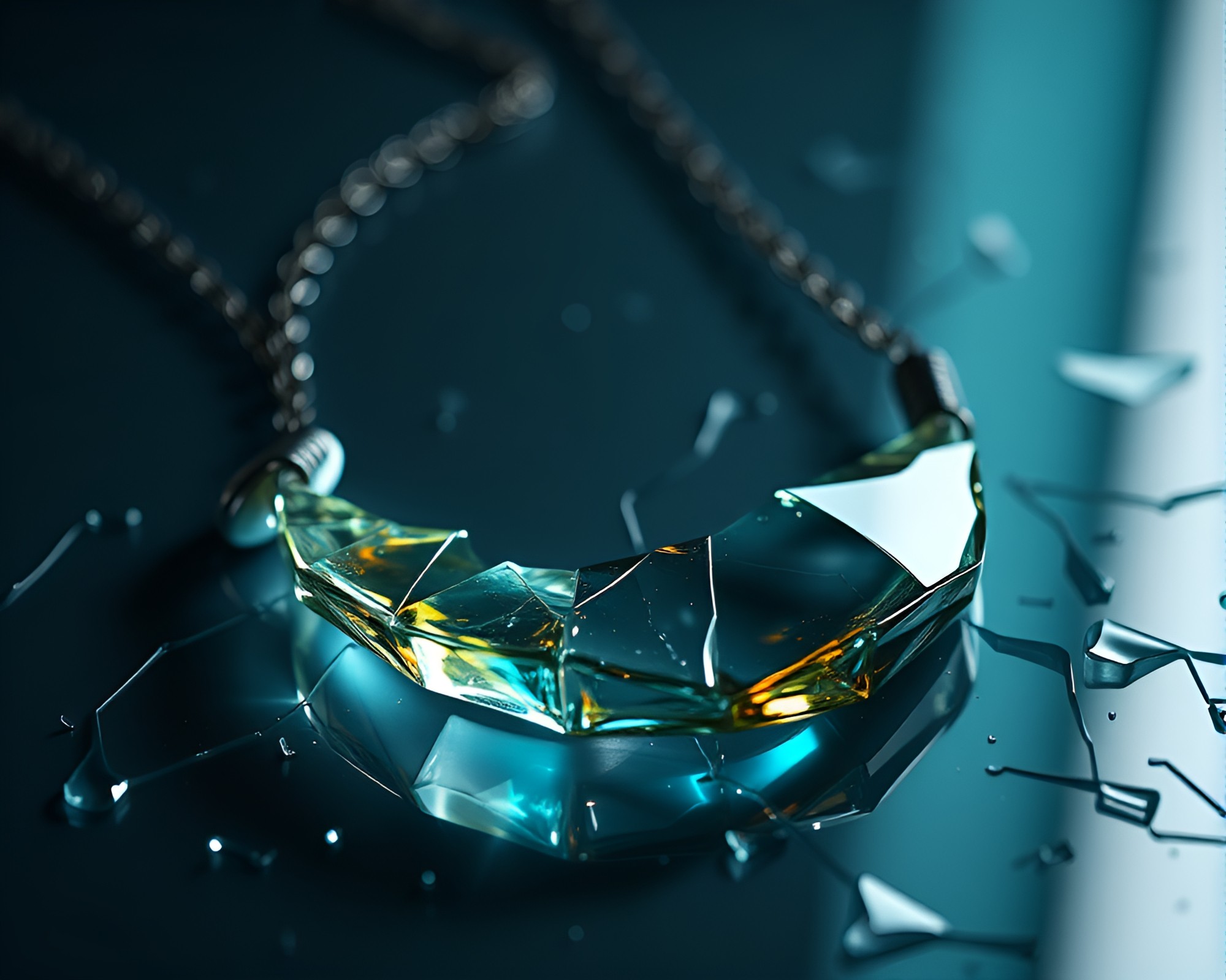 Shattered Glass Necklace Illuminated by Glow-in-the-Dark Light – free AI stock image