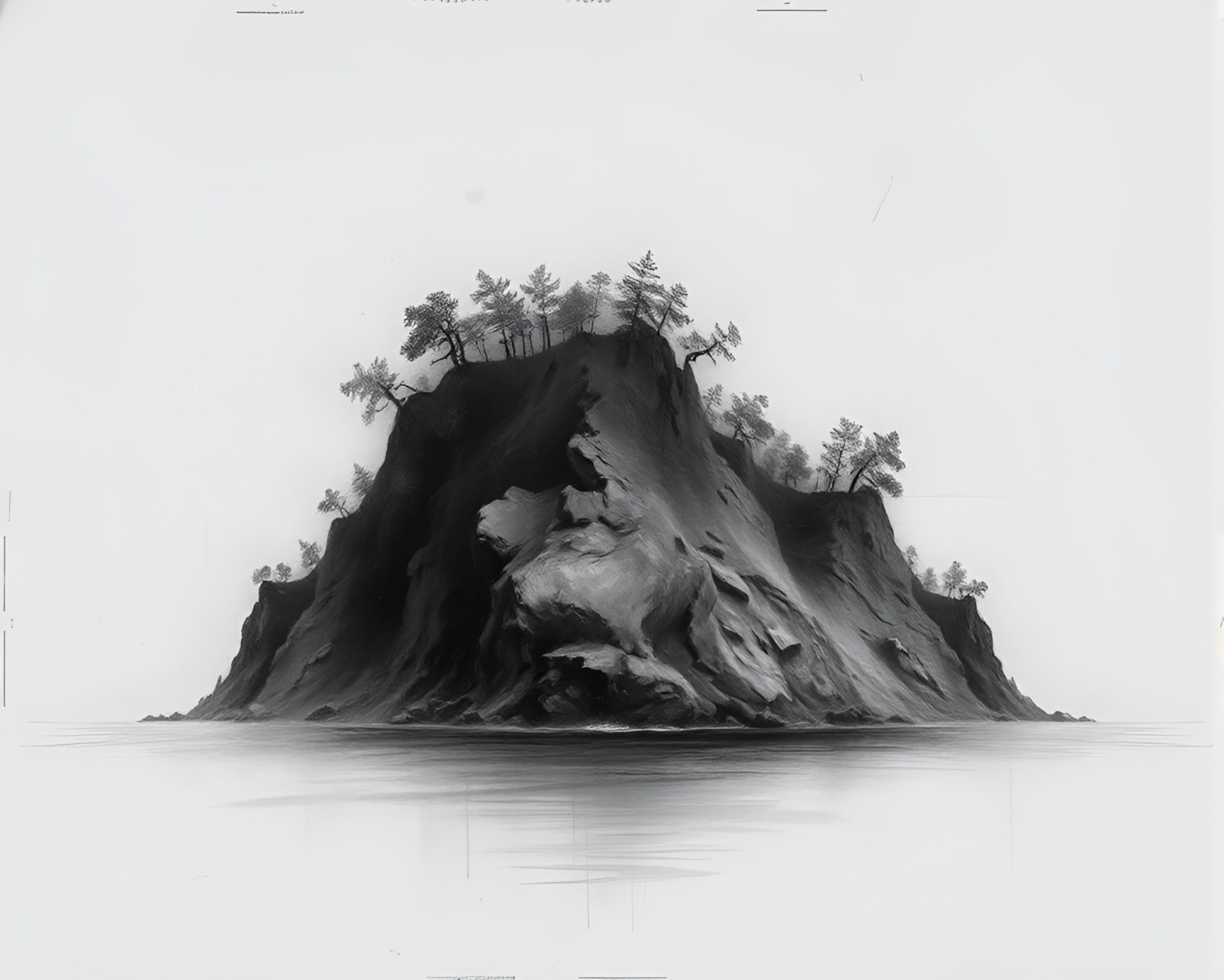 Etched island emerging from digital noise in gray tones