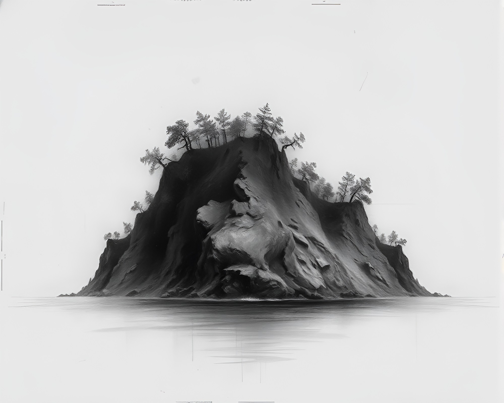 Mystical Island Emerges in Eerie Graphite Landscape – free AI stock image