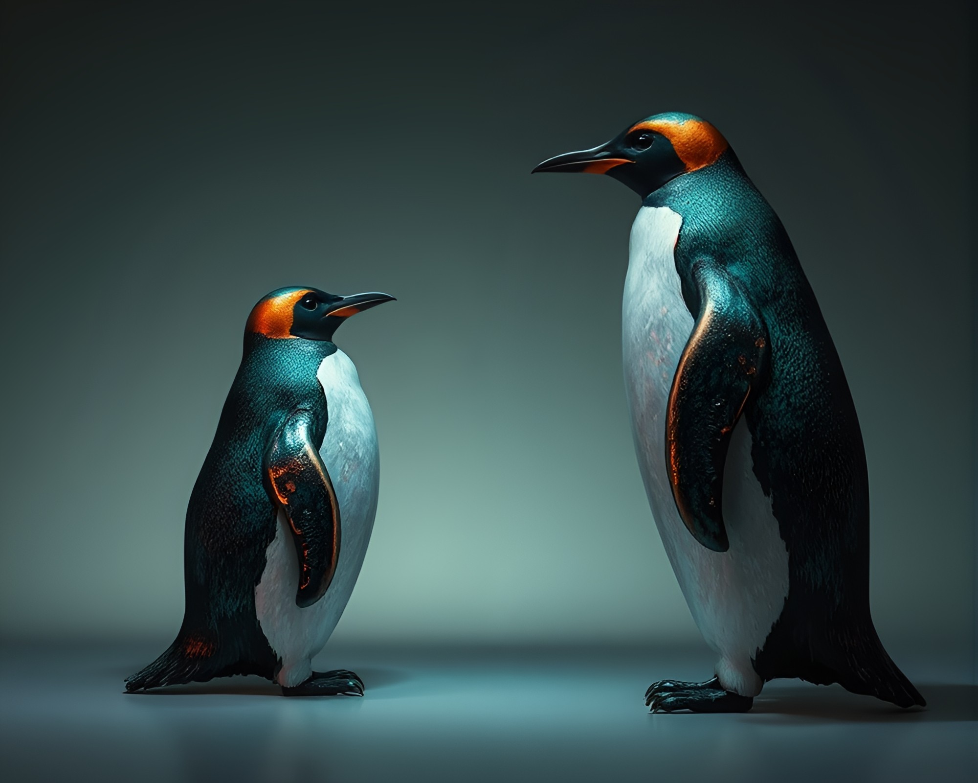 Glistening Copper Penguin in Fluorescent Oasis – free AI stock image