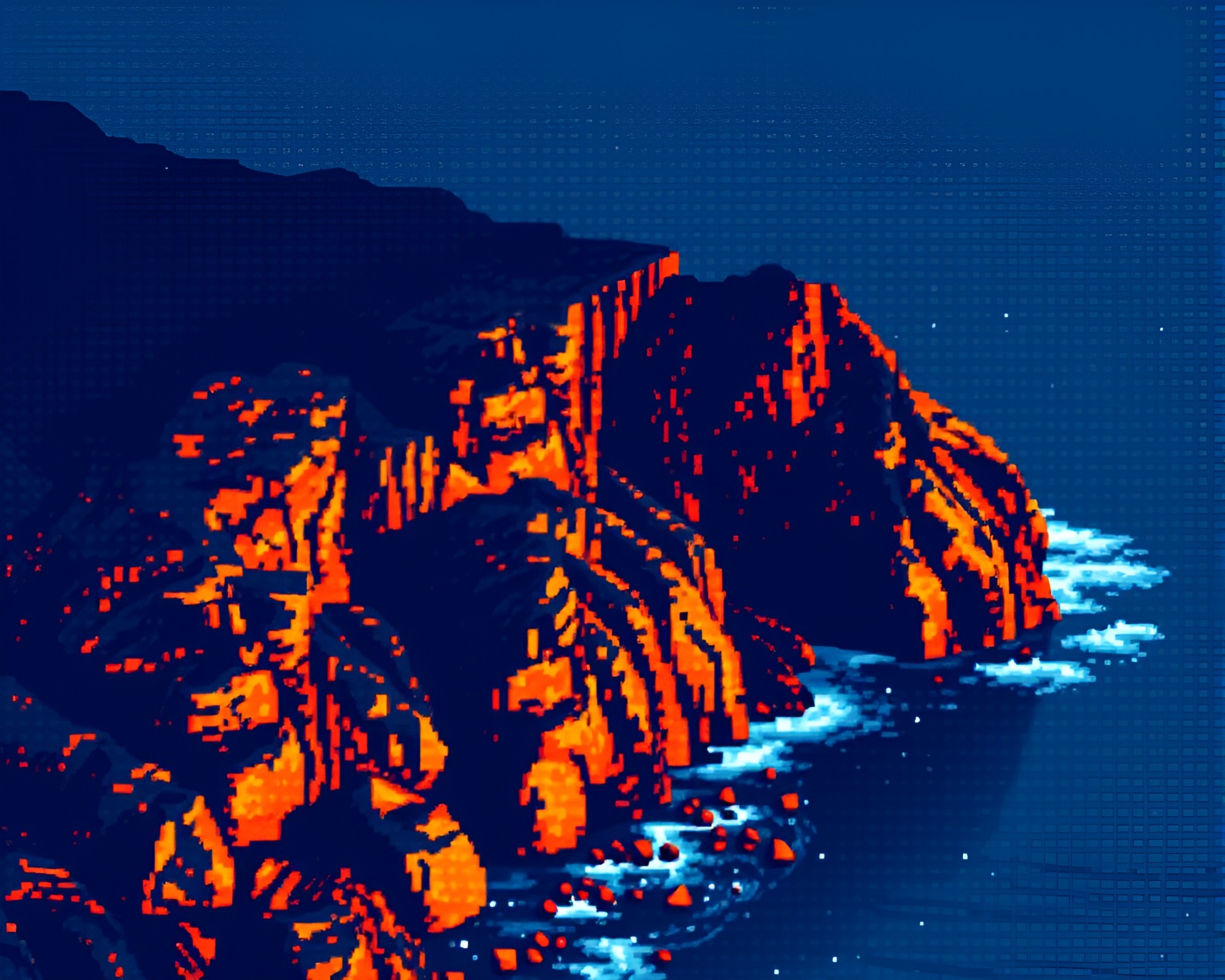 Pixelated Rocky Coastline: Halftone Grid Rim Lighting – free AI stock image