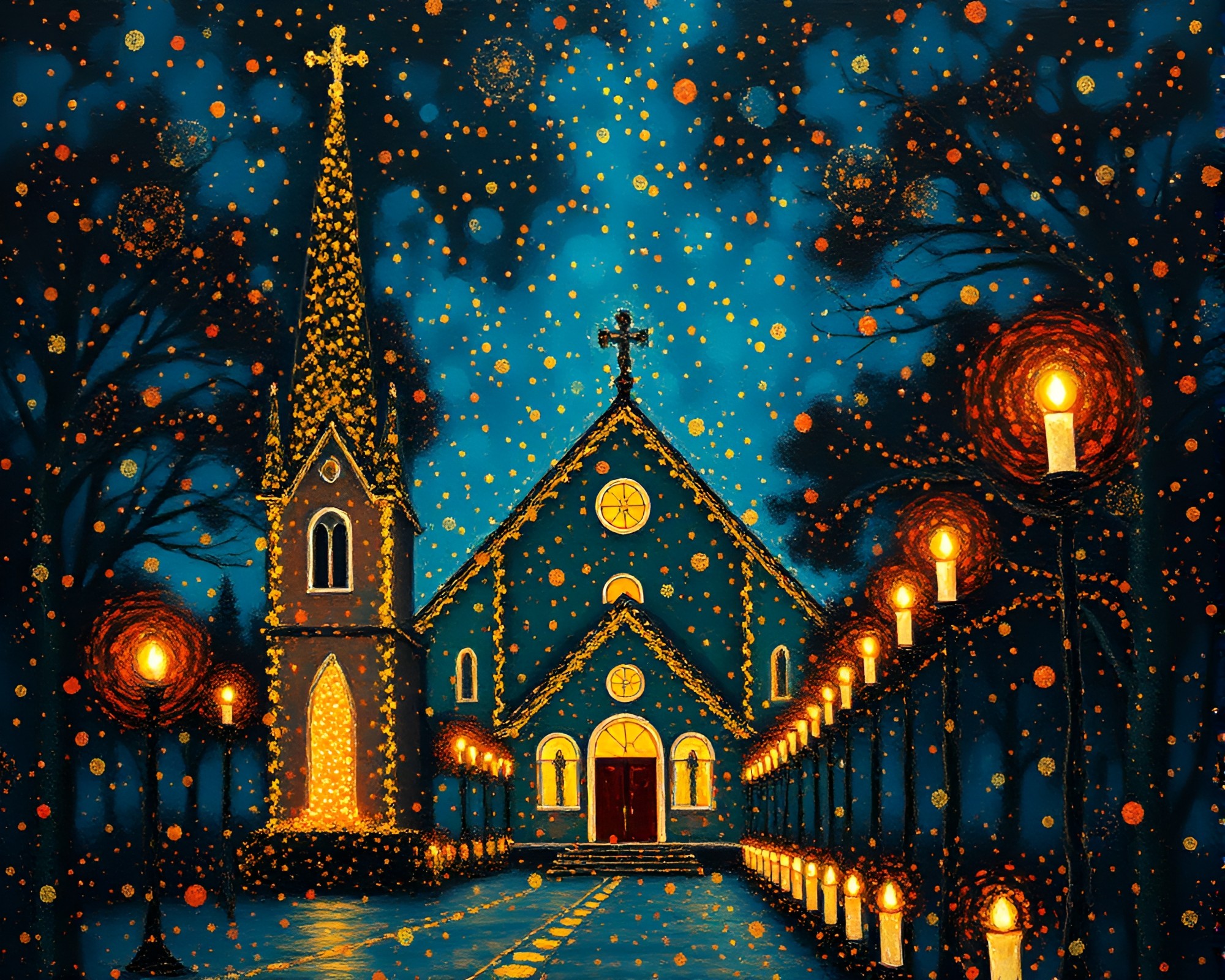 Starry Night Cathedral Illuminated in Pointillist Dots – free AI stock image