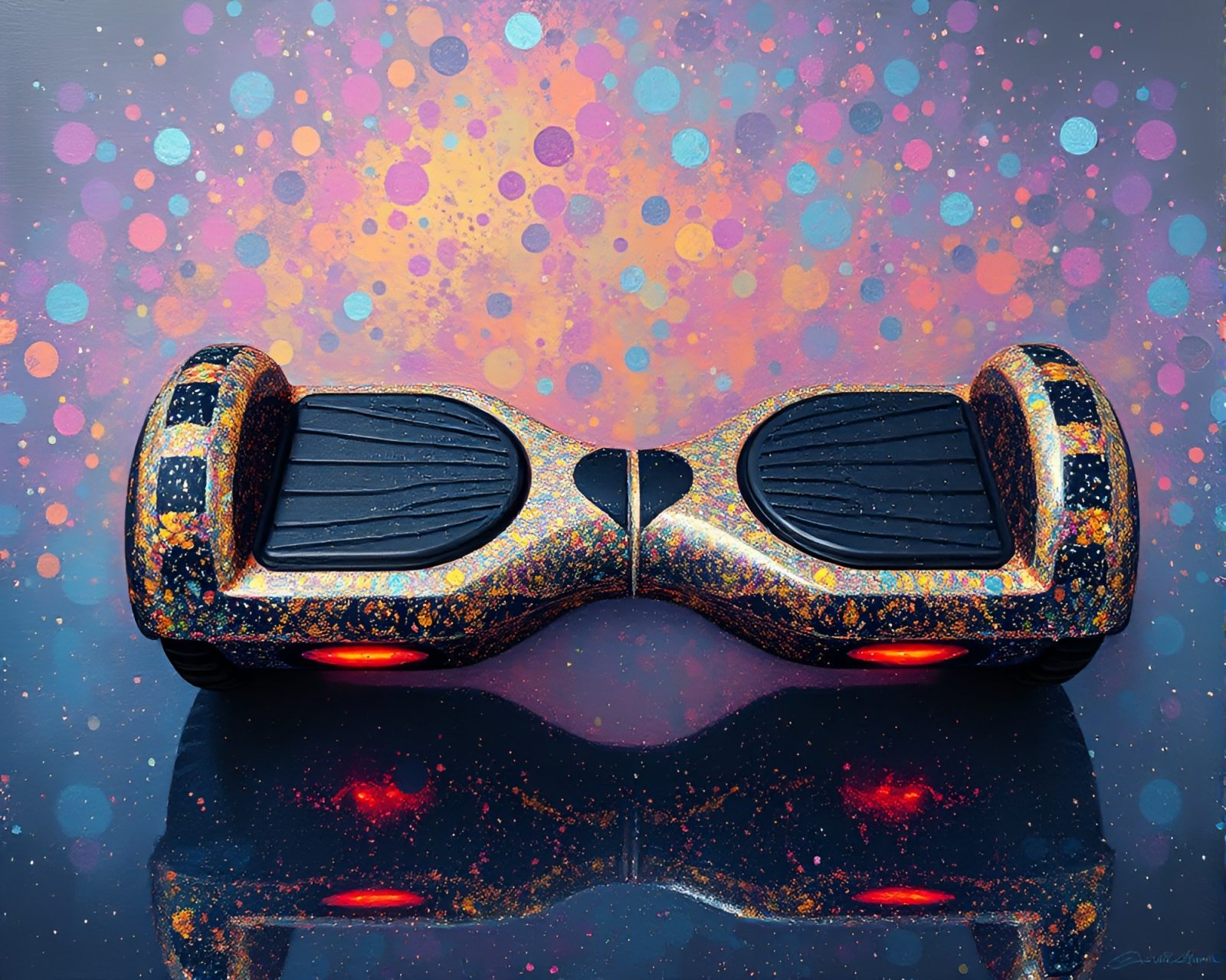 Shimmering fabric draped over futuristic hoverboard in ancient-style painting
