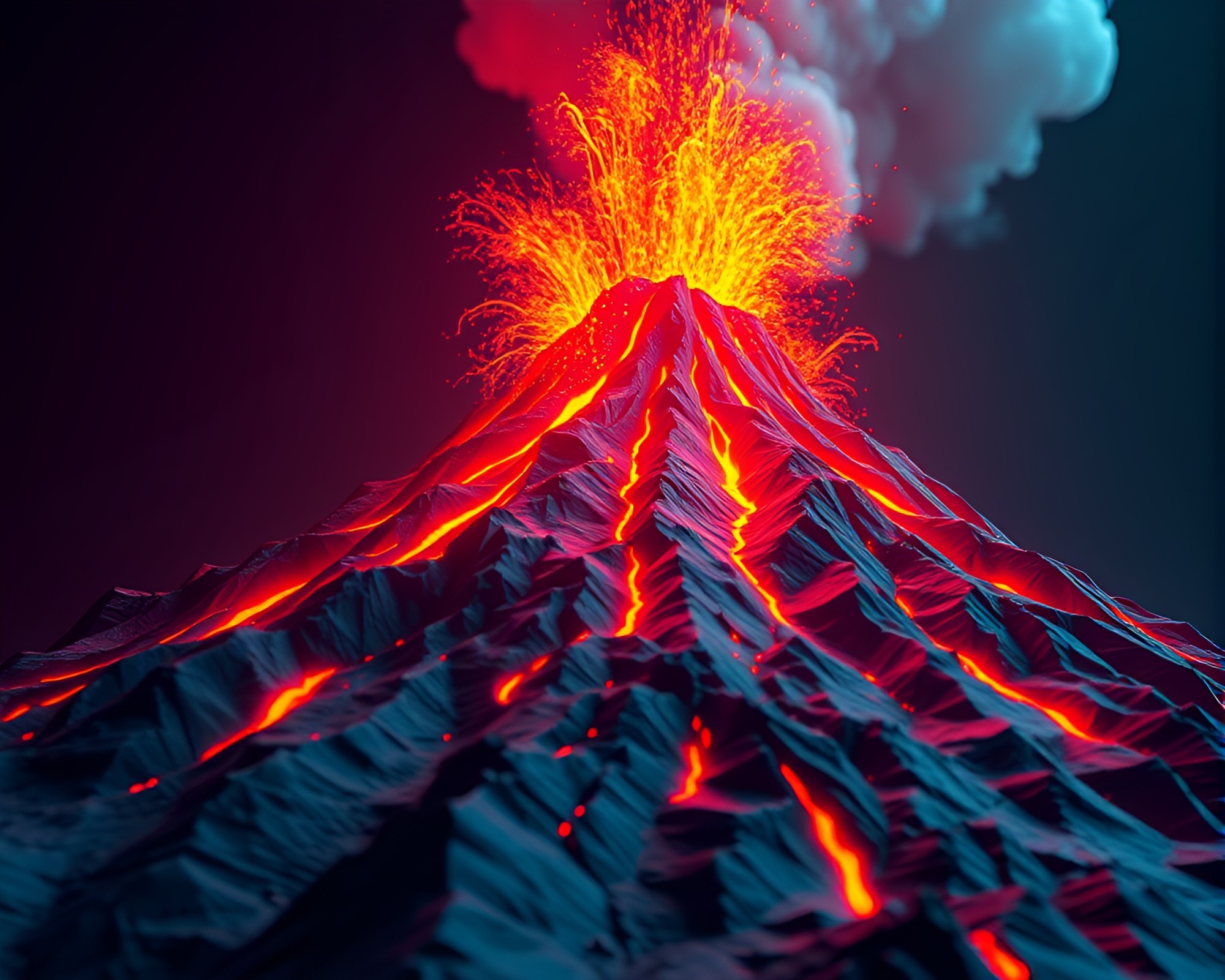 Neon Volcanic Eruption in Low-Poly 3D – free AI stock image