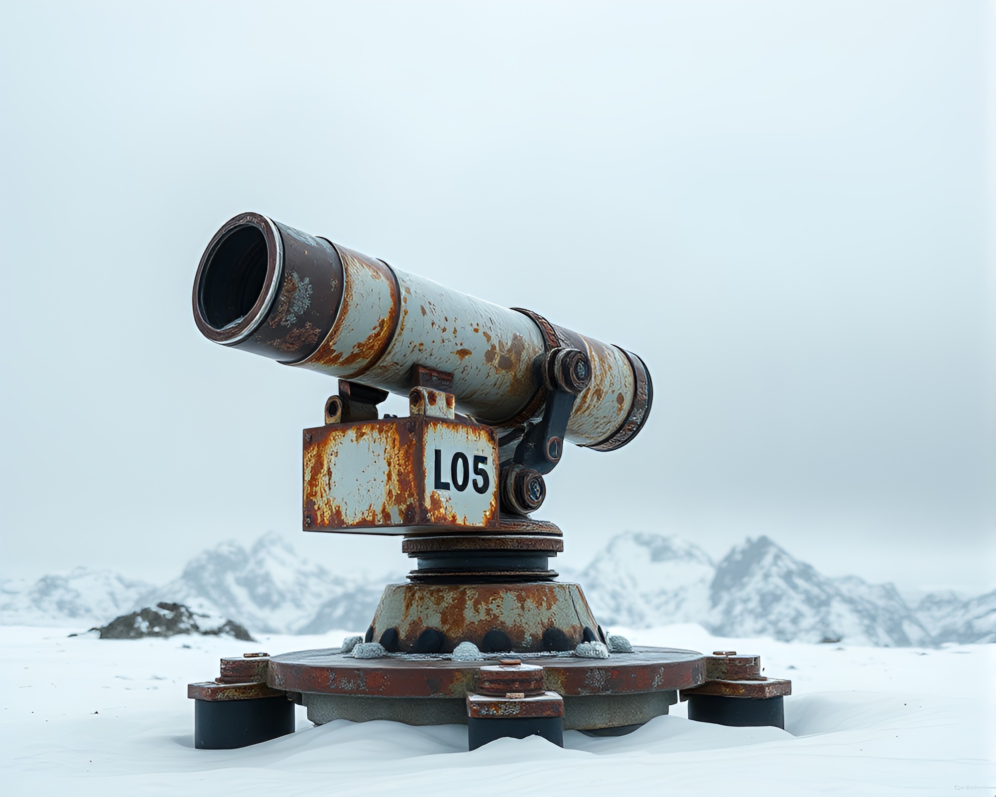 Telescope Viewing Rust Patina on Antarctic Whiteout – free AI stock image