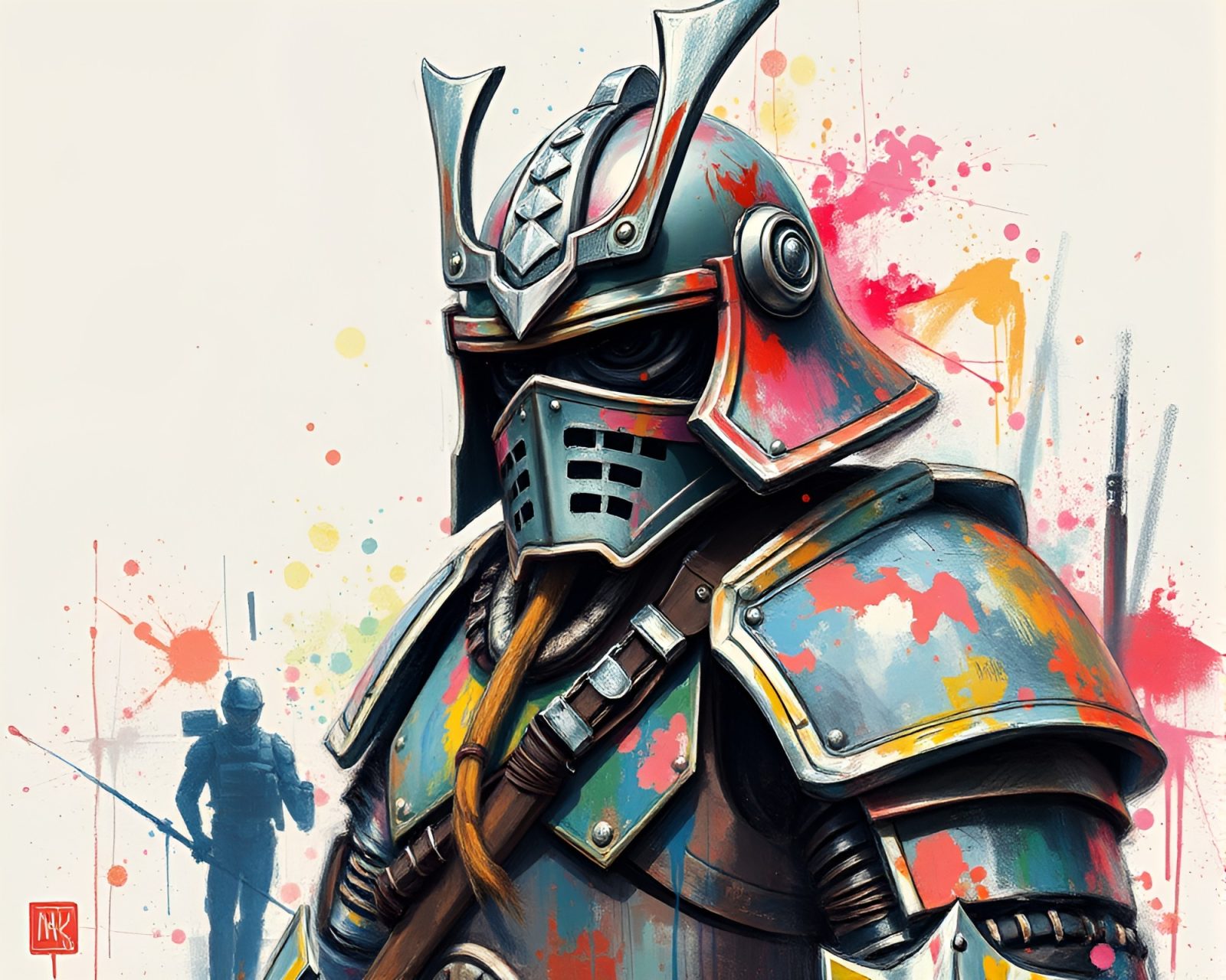 Sumi-e style painting of a samurai in colorful armor