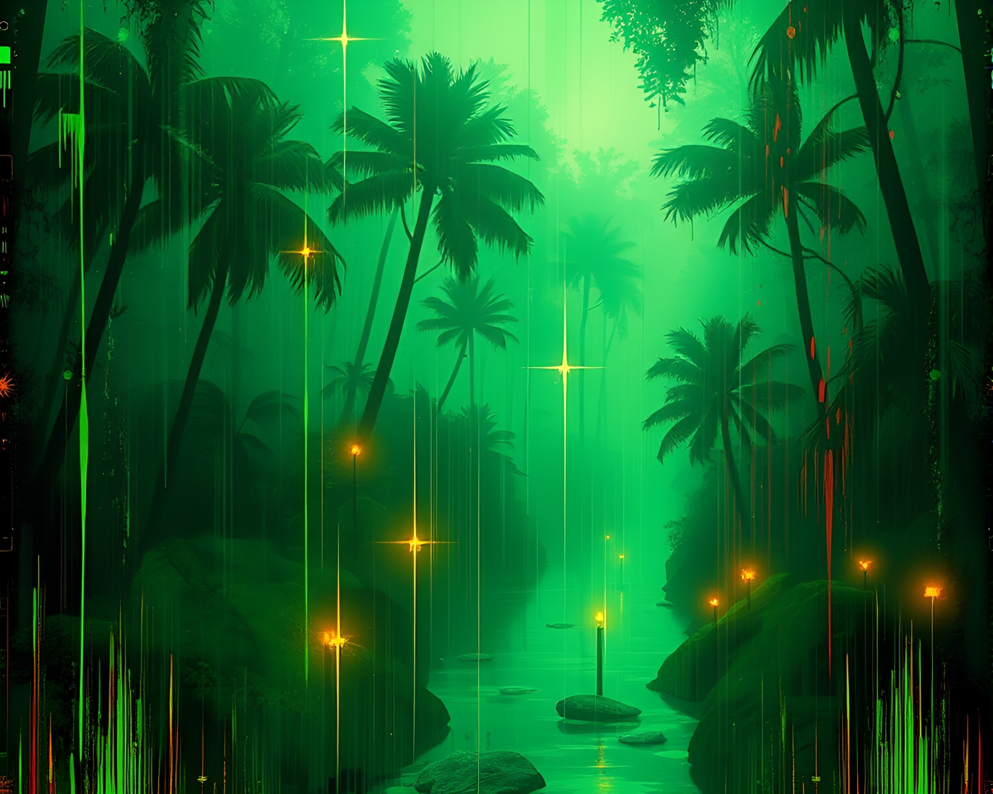 Digital Glitch Jungle with Candlelit Spray Paint Drips – free AI stock image