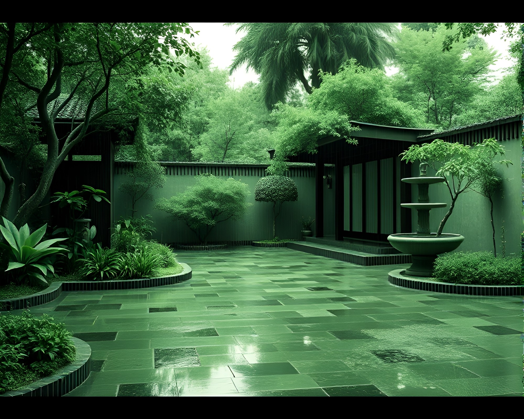 Monochrome Zen Garden: Rainy Path Through Artificial Greenery – free AI stock image
