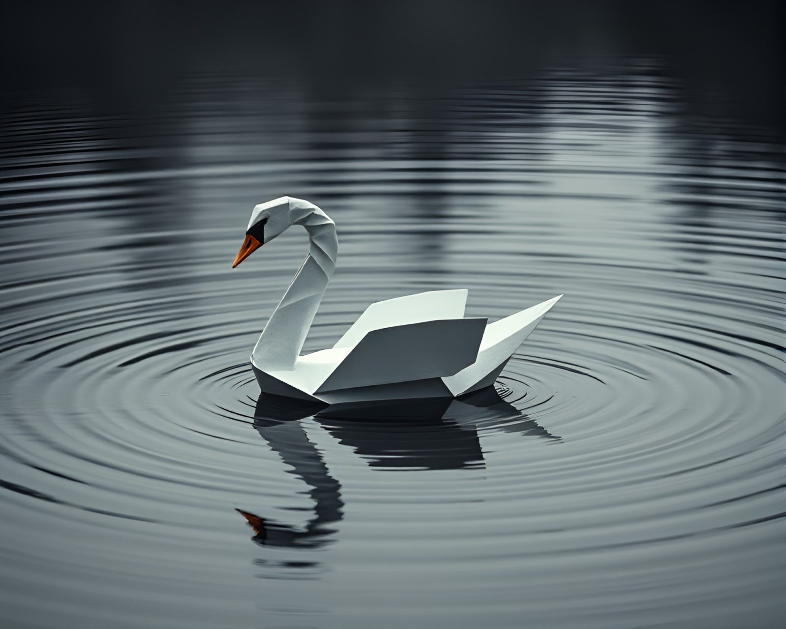 Photorealistic image of an origami swan reflecting on water ripples