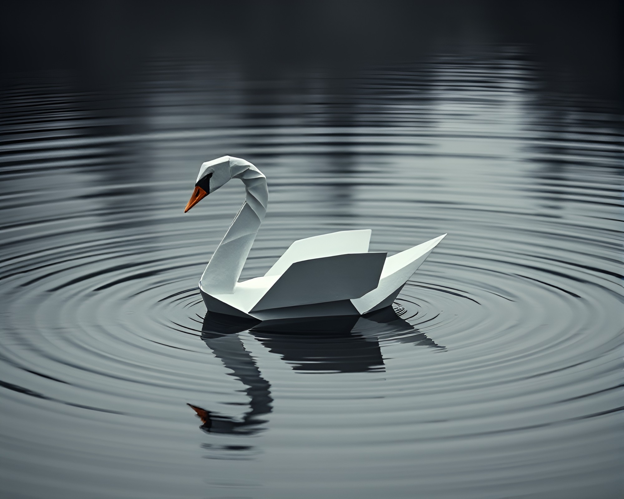 Water Reflection Origami Swan Ripples in Desaturated Atmosphere – free AI stock image