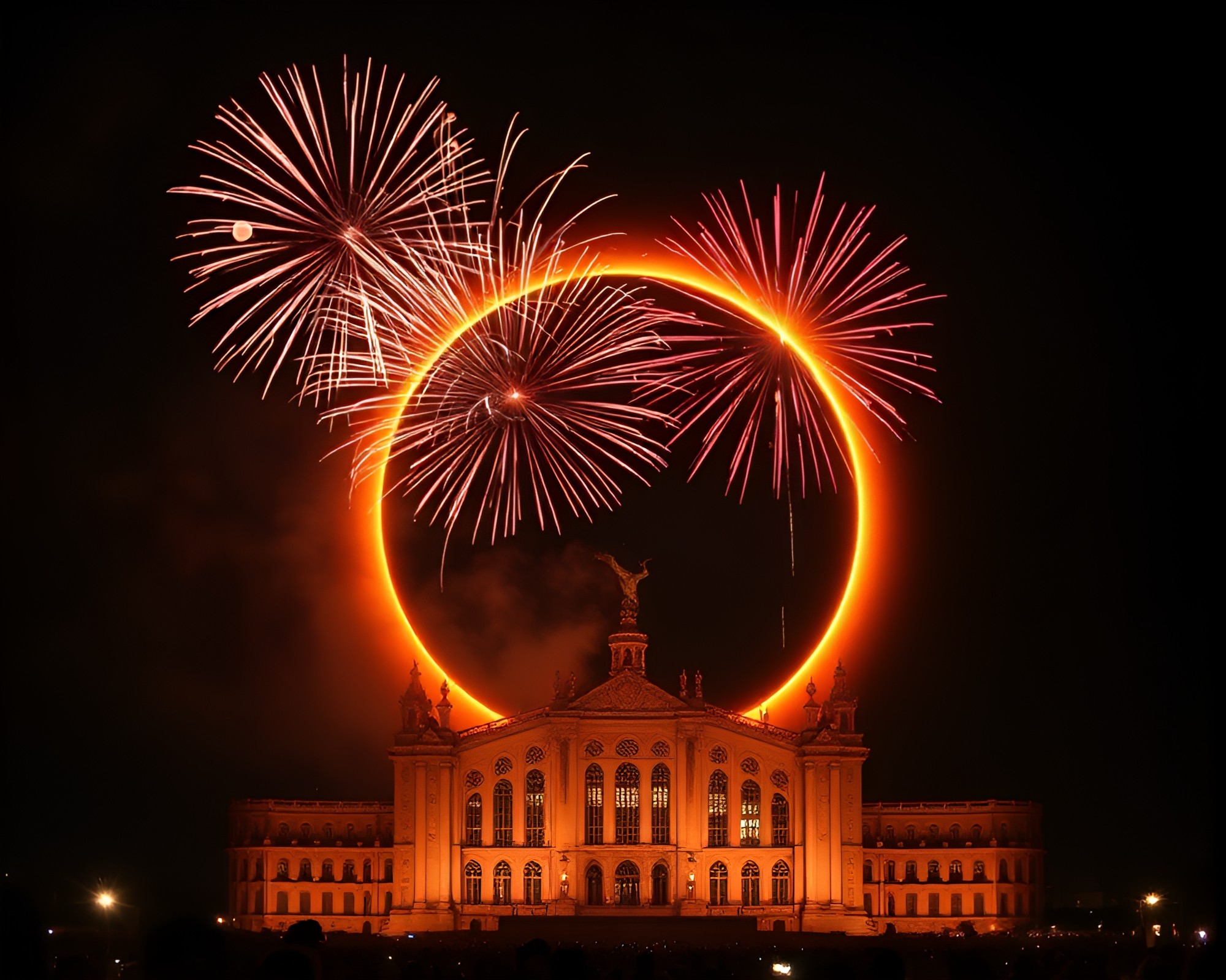 Majestic Solar Eclipse Opera House Illuminated by Fireworks – free AI stock image