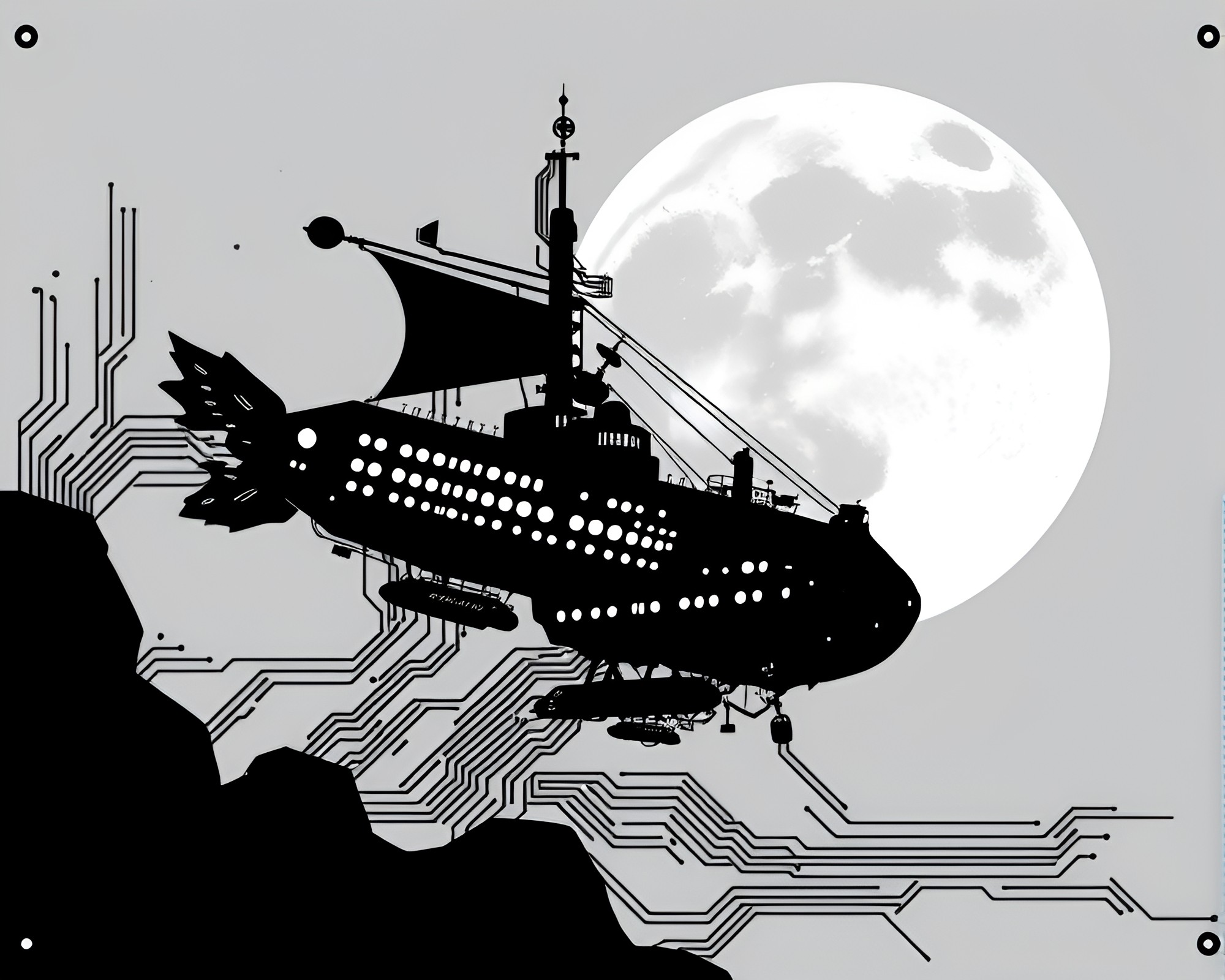 Steampunk Airship Over Lunar Circuit Board Landscape – free AI stock image