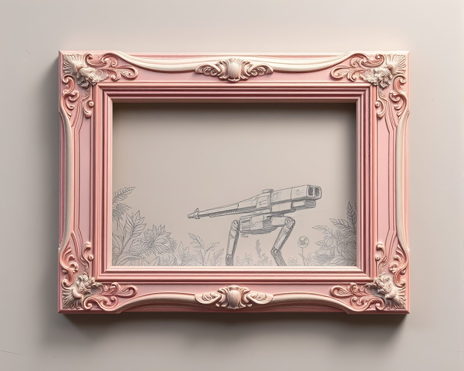 Two battle mechs framed by intricate engravings in soft pastel tones