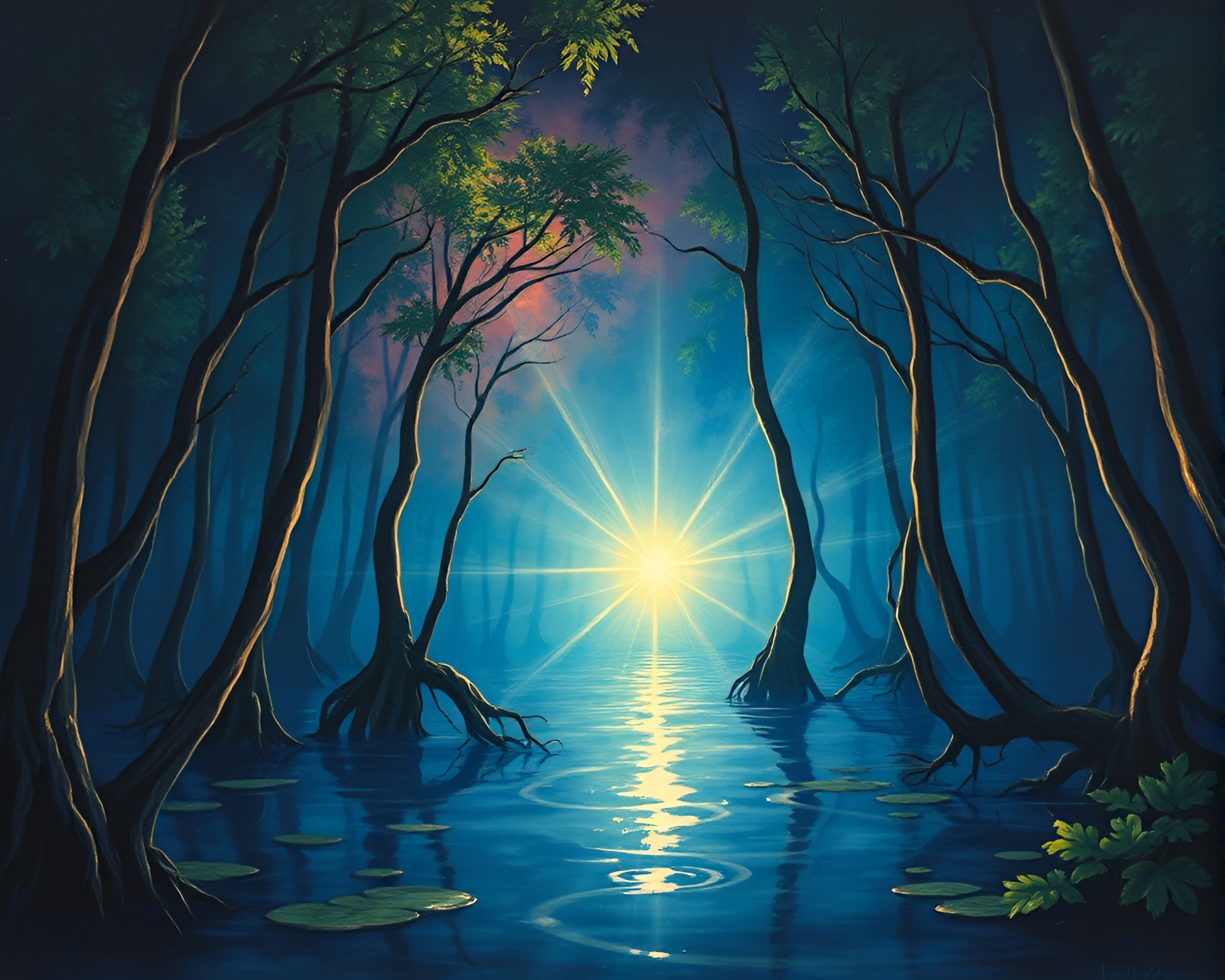 Gouache Mangrove Swamp with Torchlight Backscatter Flare – free AI stock image
