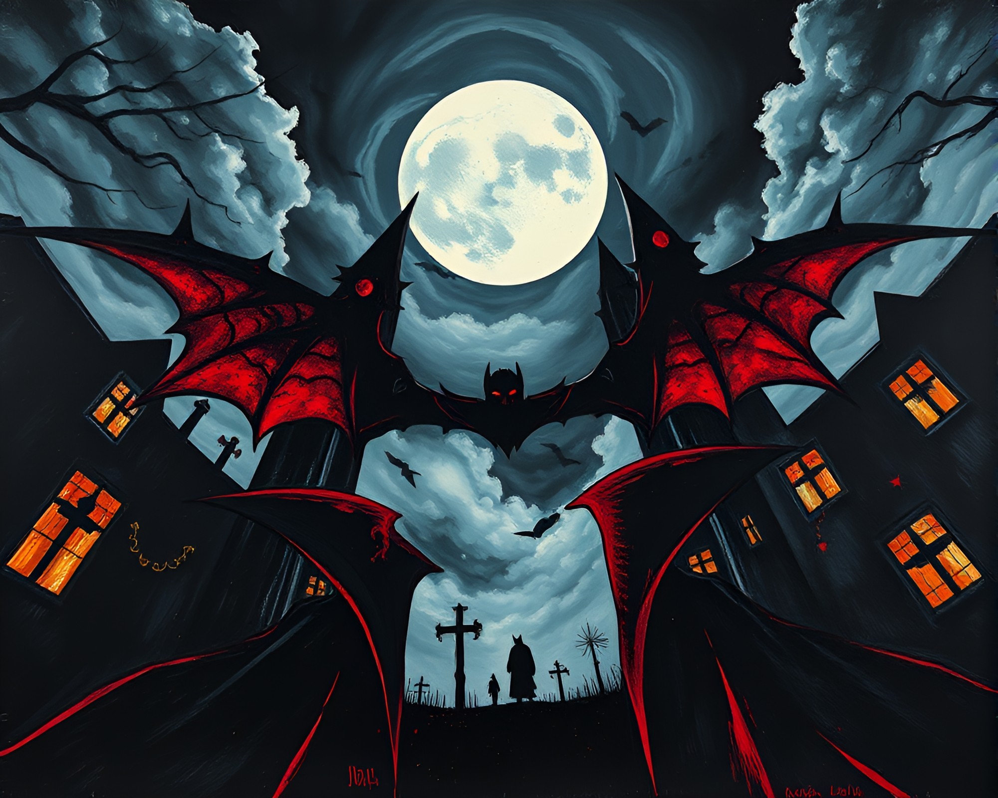 Gouache Vampire Lair: High-Contrast Noir Scene – free AI stock image