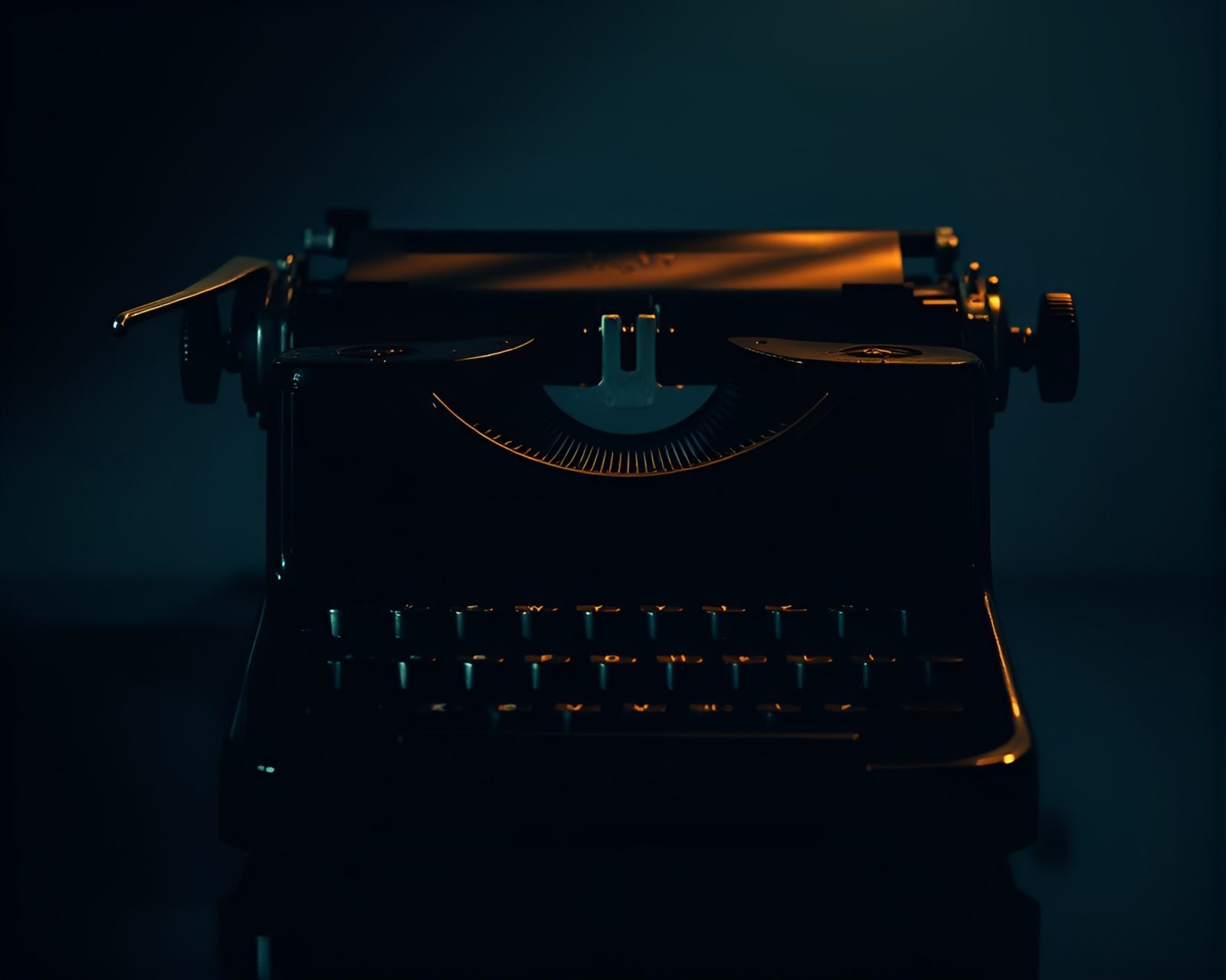 Vintage typewriter glowing with colorful iridescent lights in ambient room