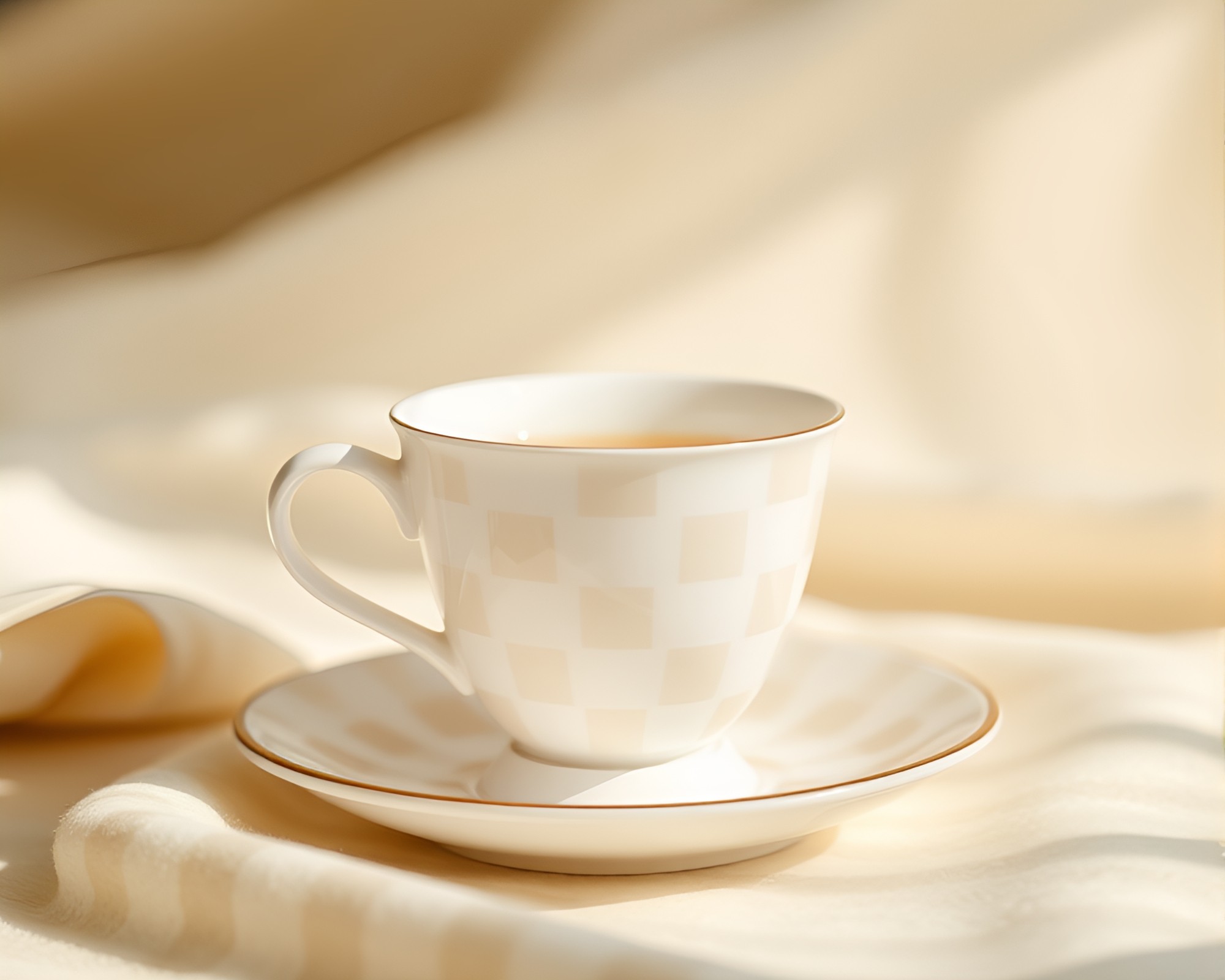 Floating Tea Cup in Checkered Patterned Environment – free AI stock image