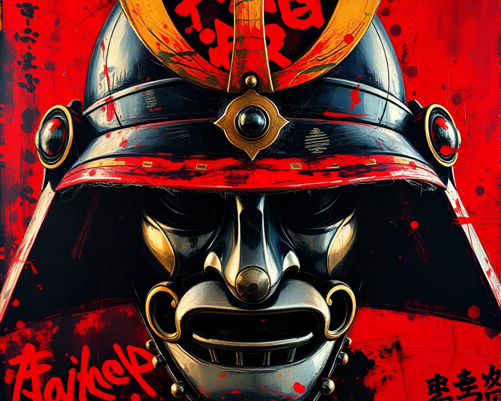 Impressionist painting of a ruby red Samurai helmet