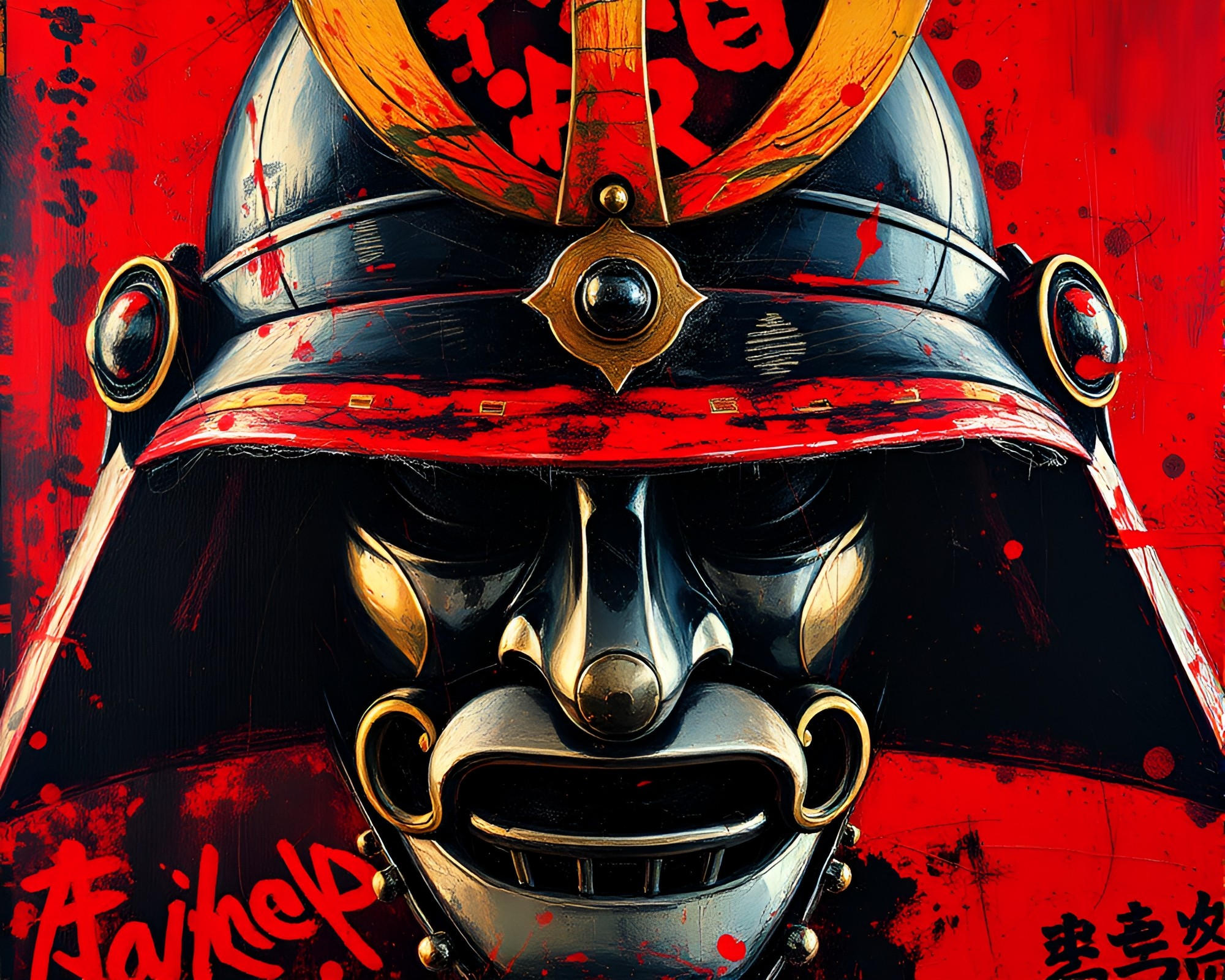Samurai Helmet in Impressionist Ruby Red – free AI stock image