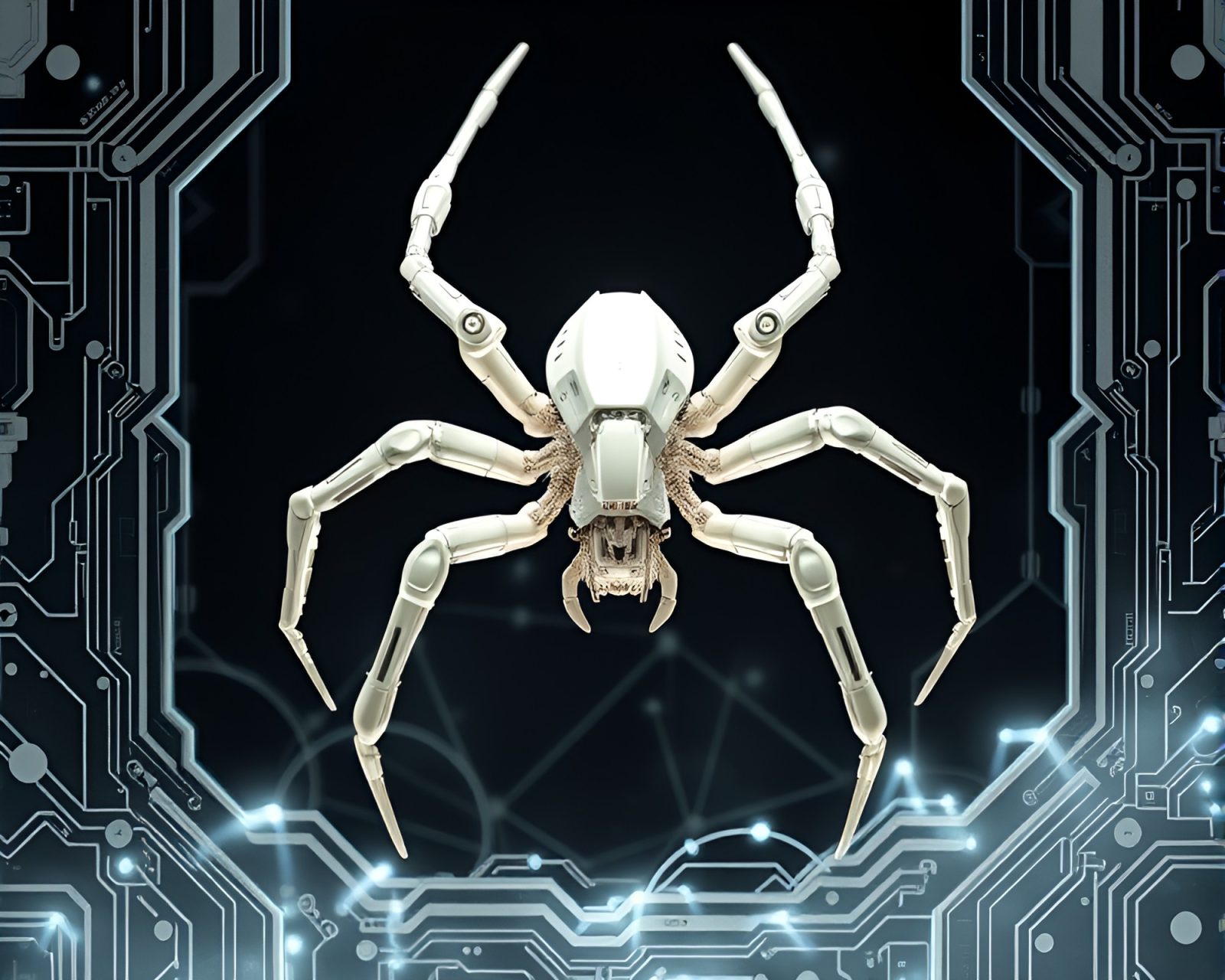 Ivory white mood with cybernetic textures featuring mechanical spider