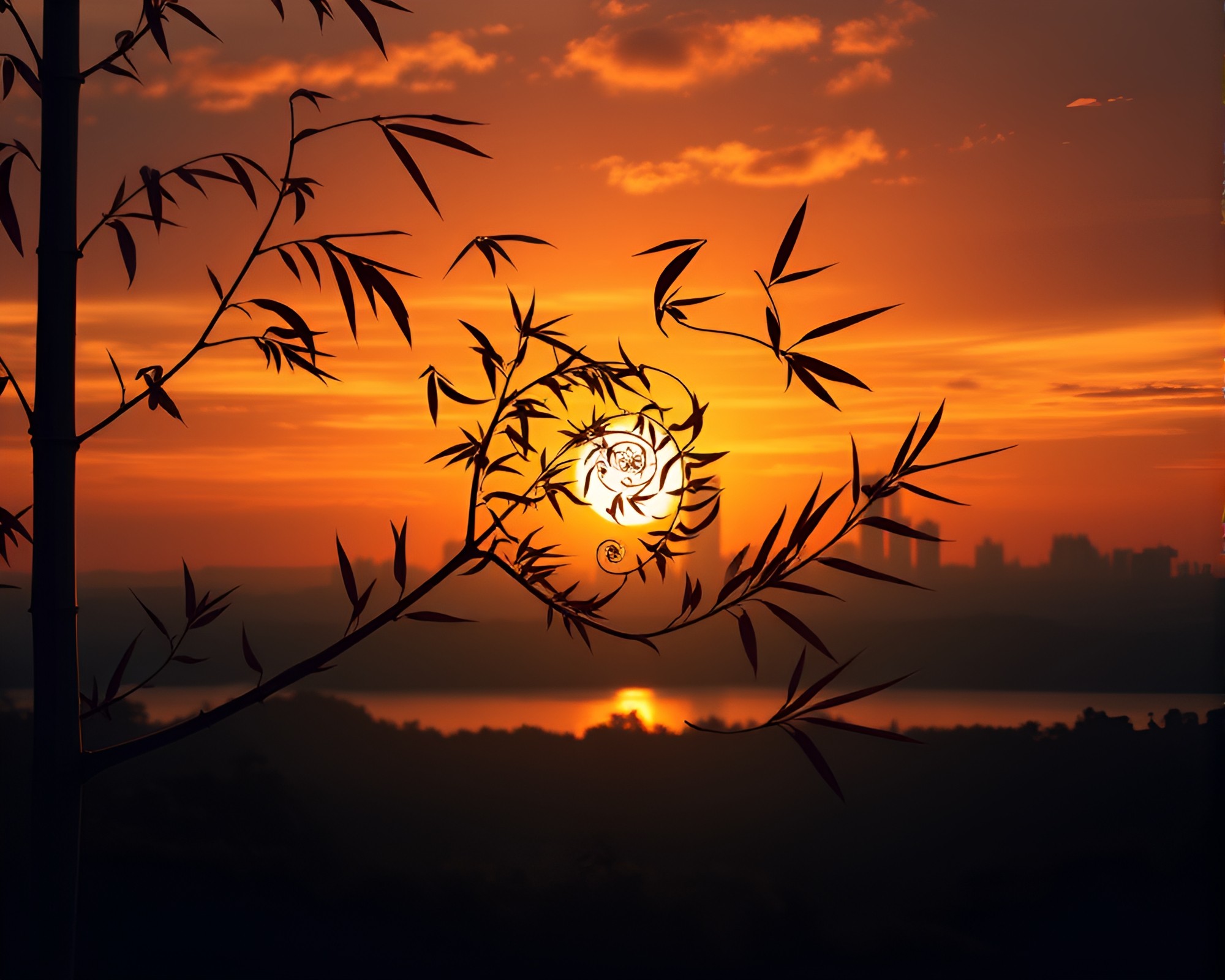 Sunset Melodies: Bamboo Flute Serenade Amidst Spiraling Skies – free AI stock image