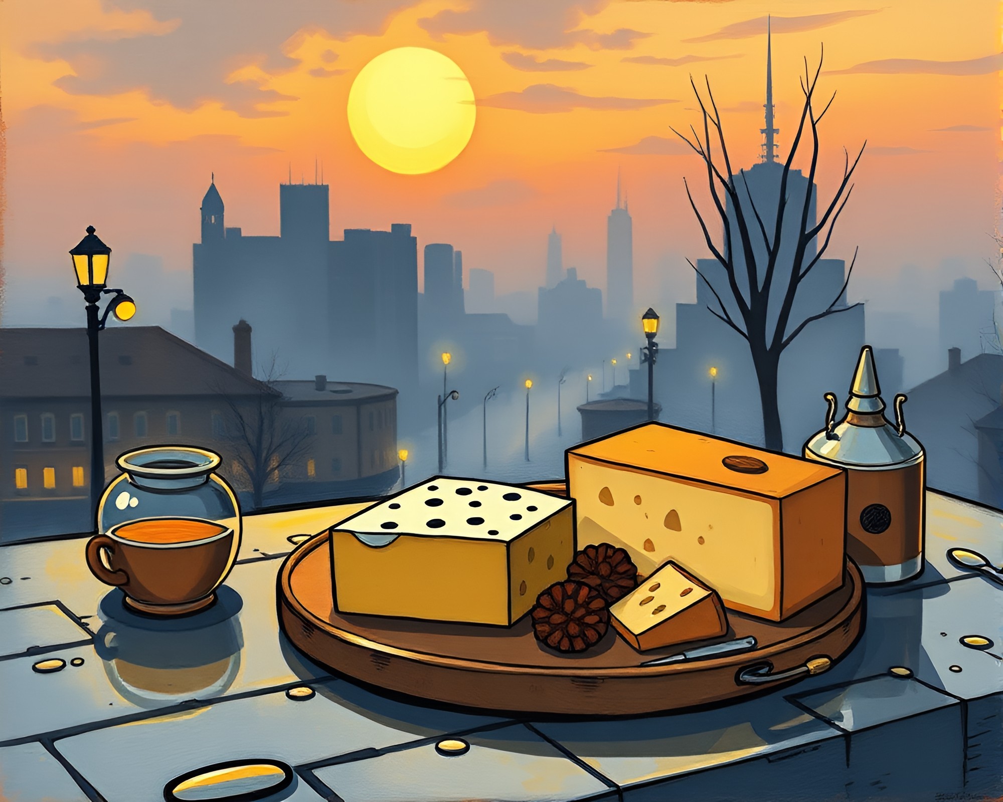 Cheese Platter Street Art in Dawn Mist Manga Style – free AI stock image