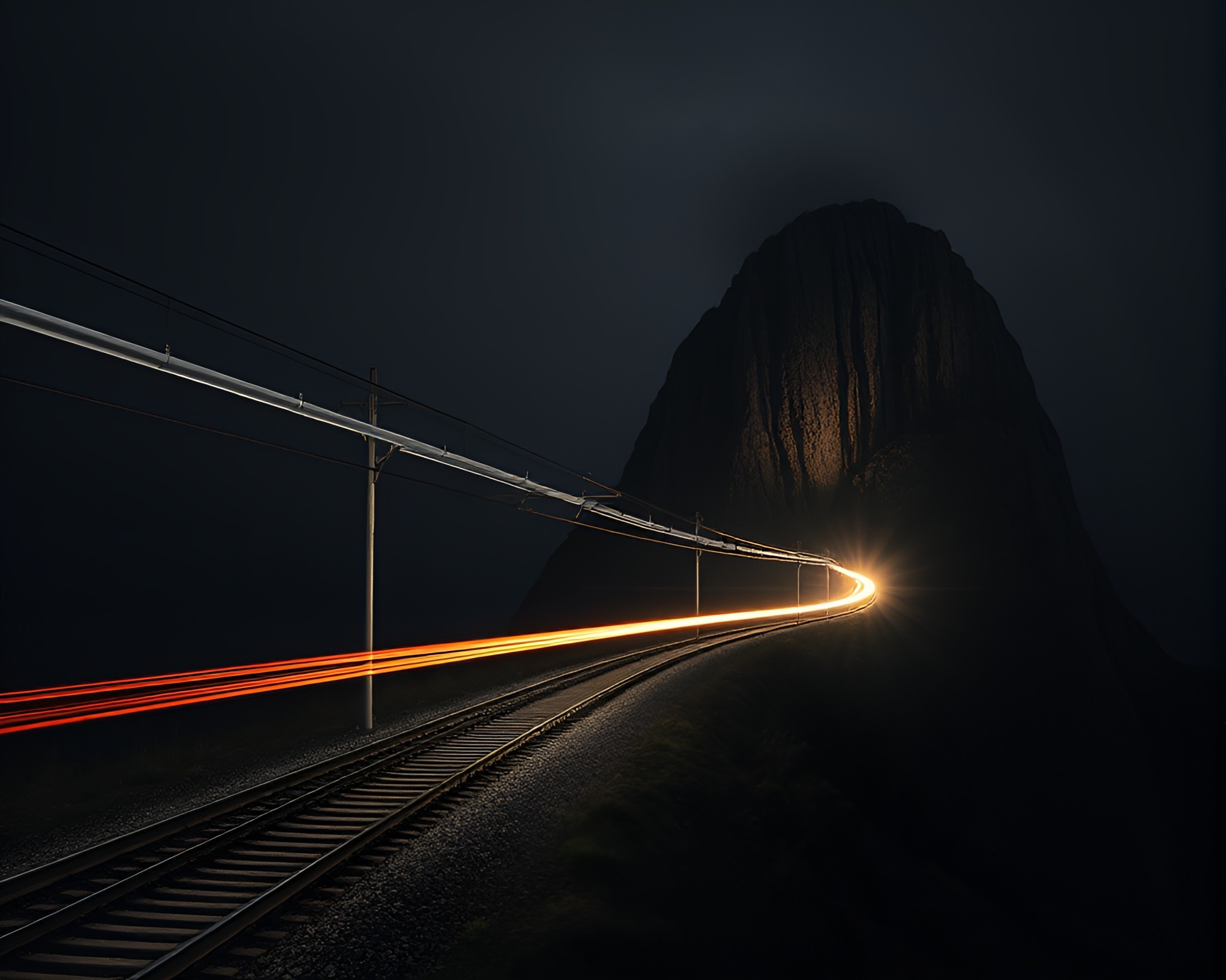 Train Light Trails through Charcoal Black Cliff Landscape – free AI stock image