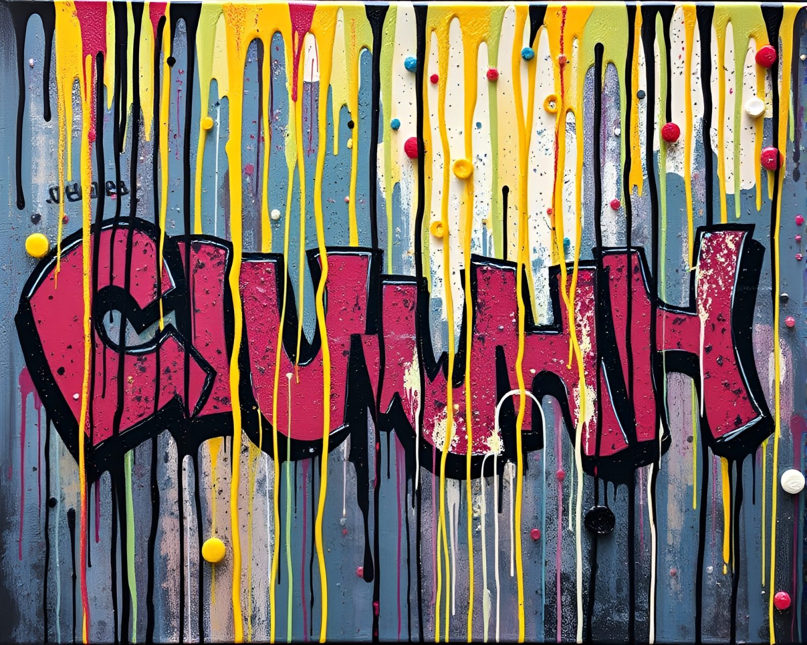Encaustic painting of colorful nanobots swirling in graffiti-covered alley