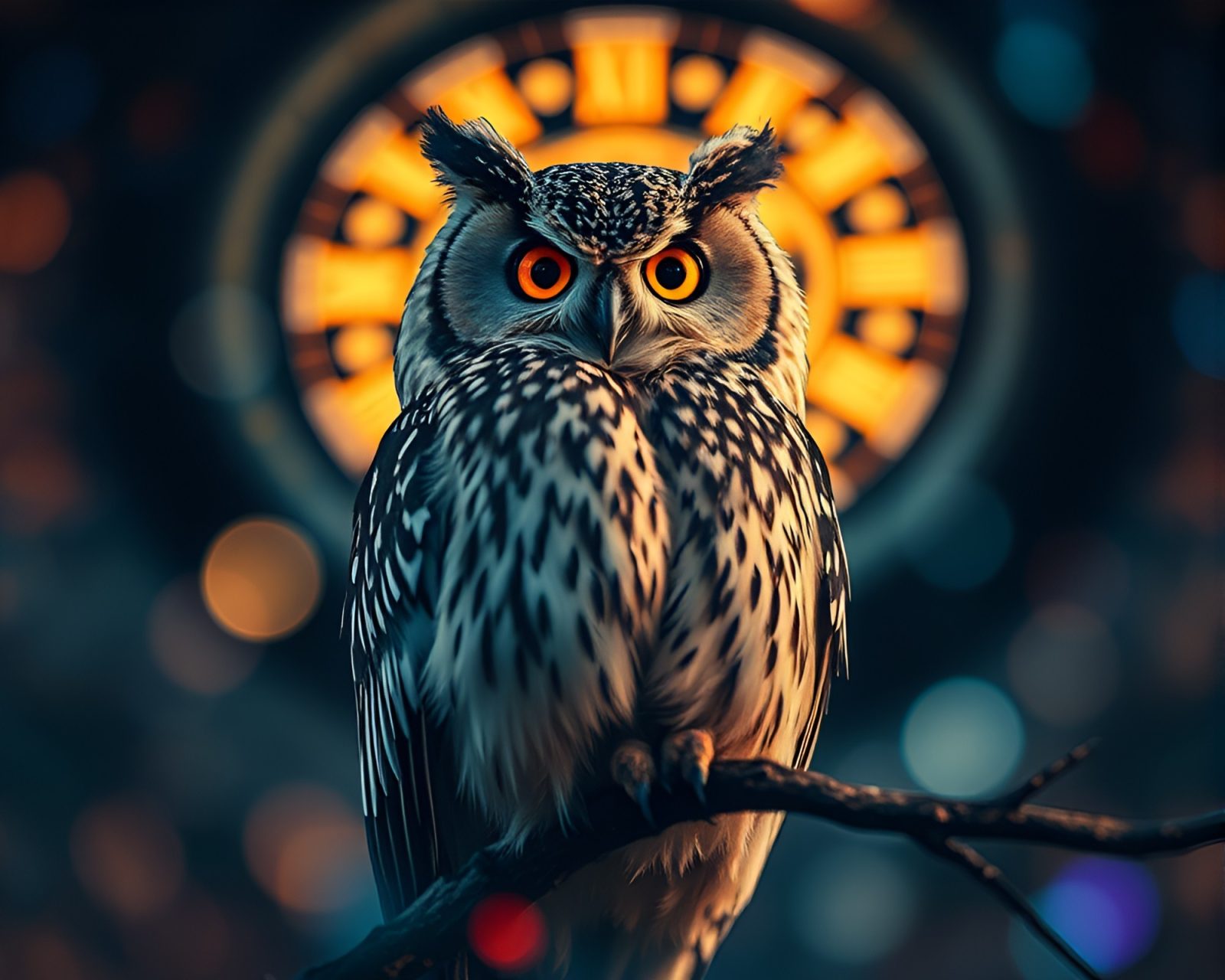 Fantasy owl surrounded by colorful holographic lights at night