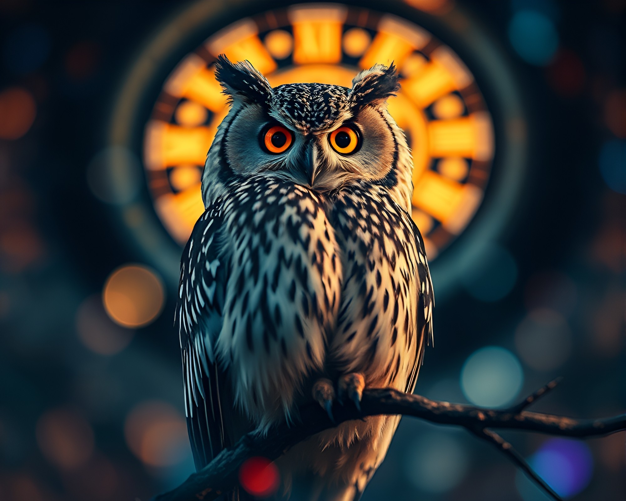 Clockwork Owl in Holographic Bokeh Lights – free AI stock image