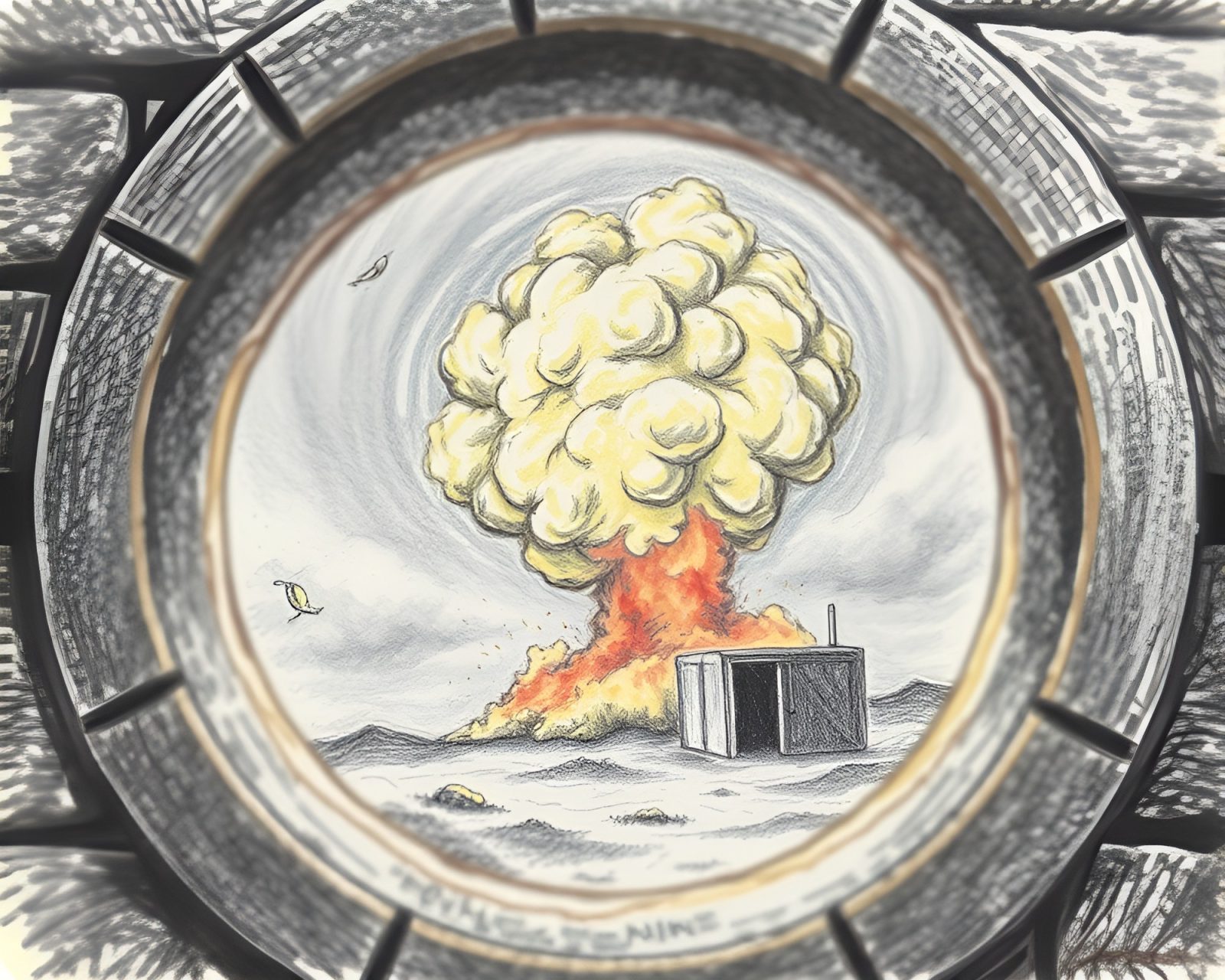 Conté crayon drawing of fiery explosion in dark tunnel