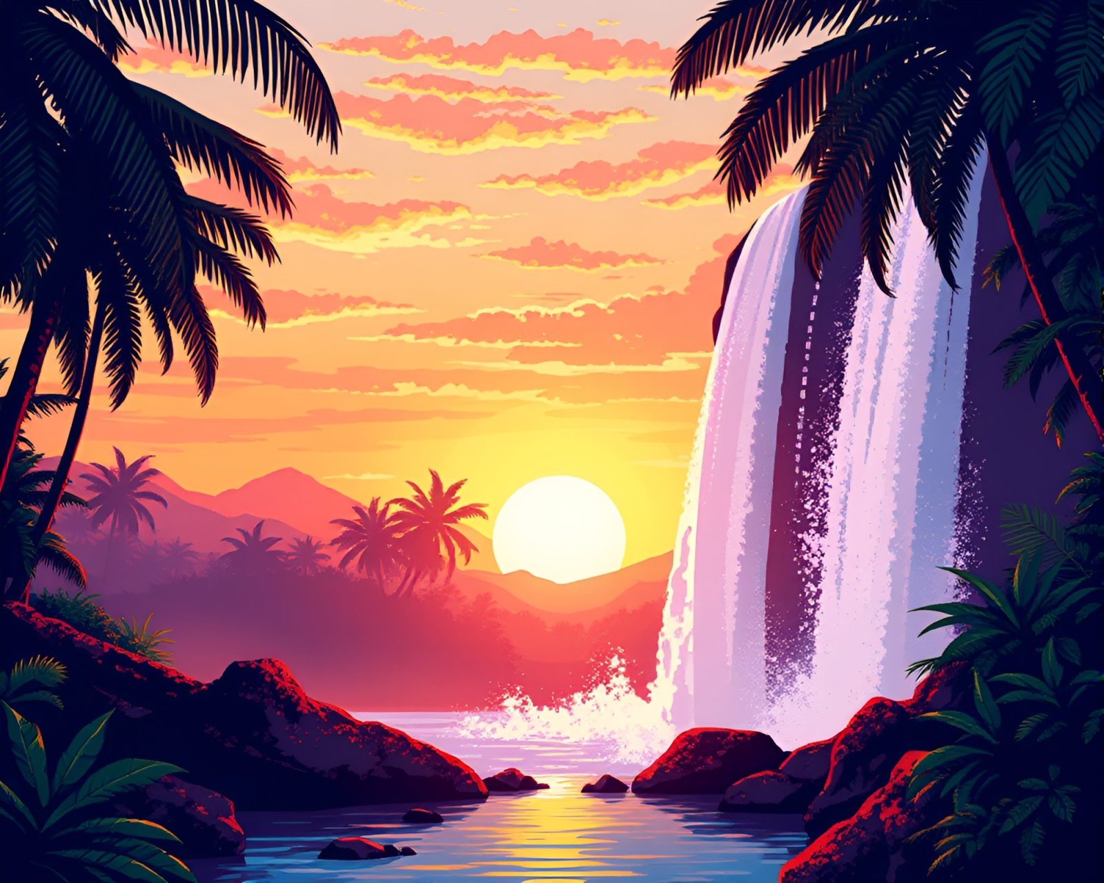 Vibrant pastel drawing of tropical waterfall at sunset