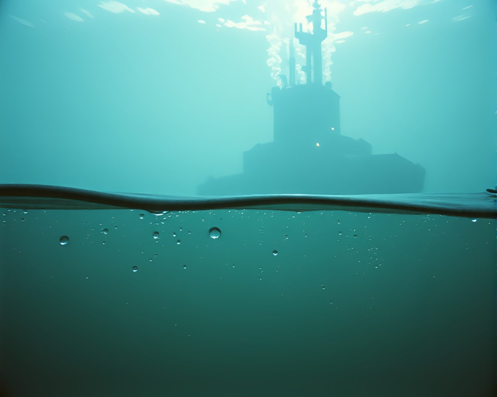 A surreal composition of a submarine surrounded by water droplets
