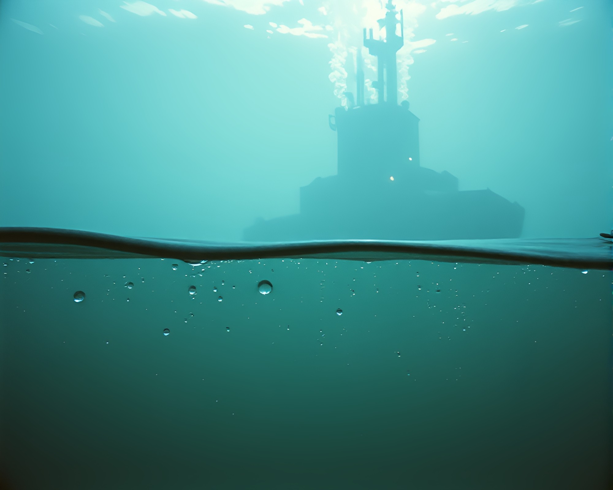 Underwater Photocollage: Submarine and Water Droplets – free AI stock image