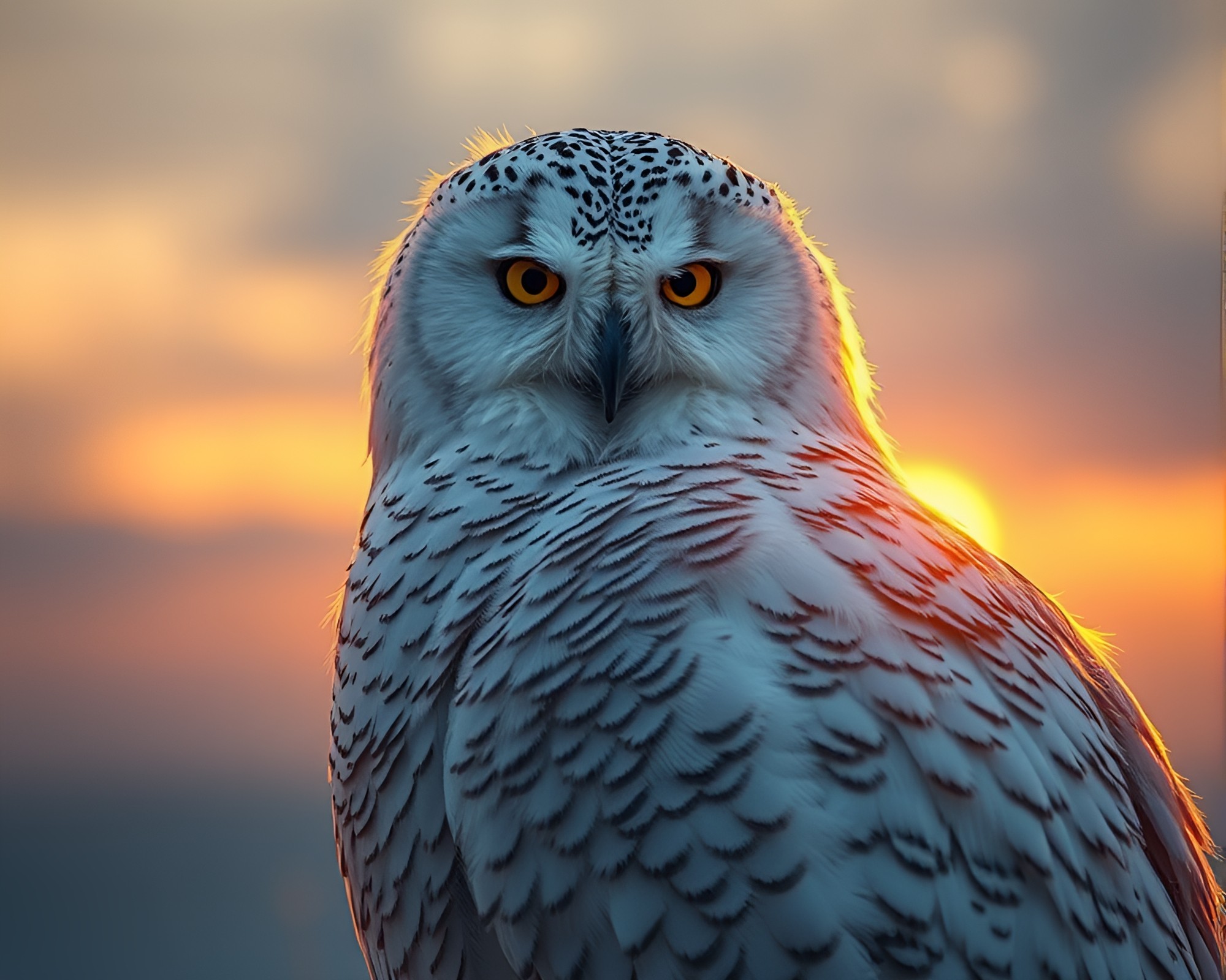 Snowy Owl in Golden Hour Dusk with Scratch Textures – free AI stock image
