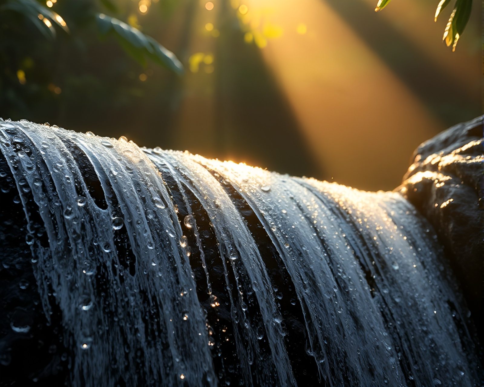Spectacular tropical waterfall glistening with dew drops under golden morning light