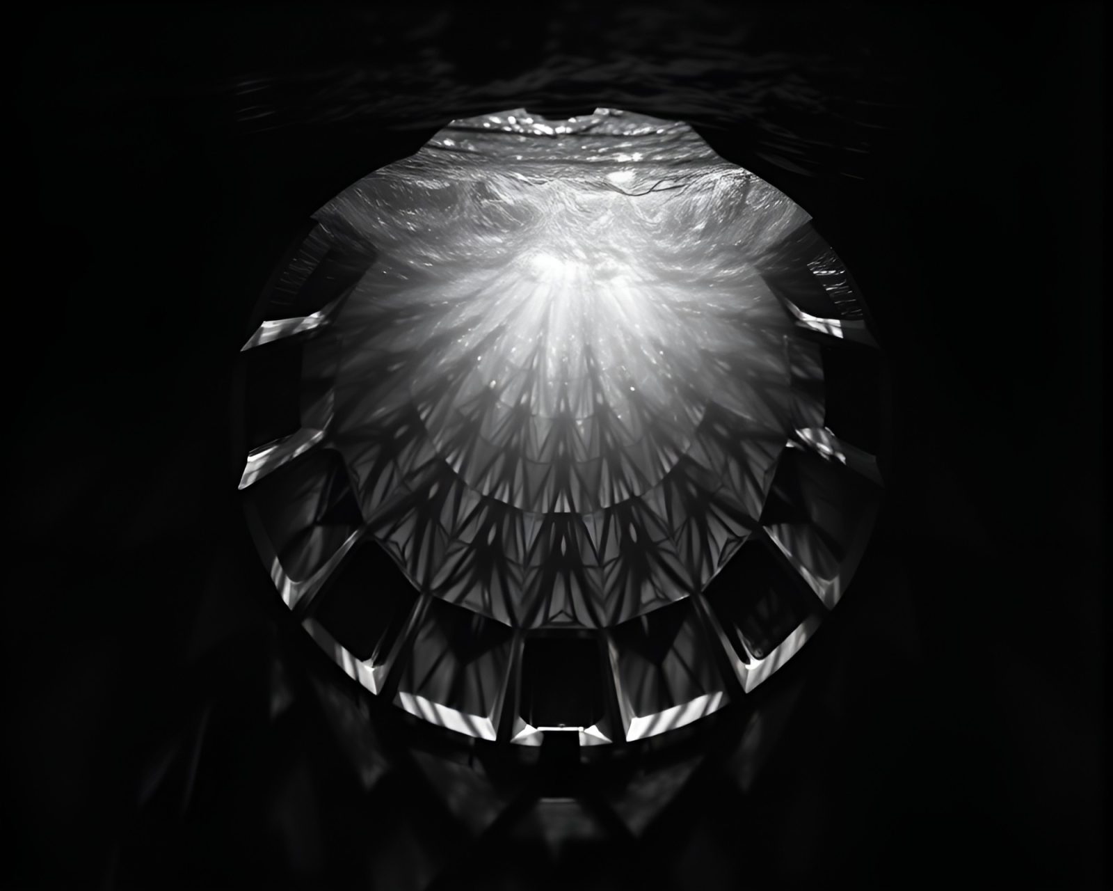Monochrome fractal dome beneath water with eerie attic shadows