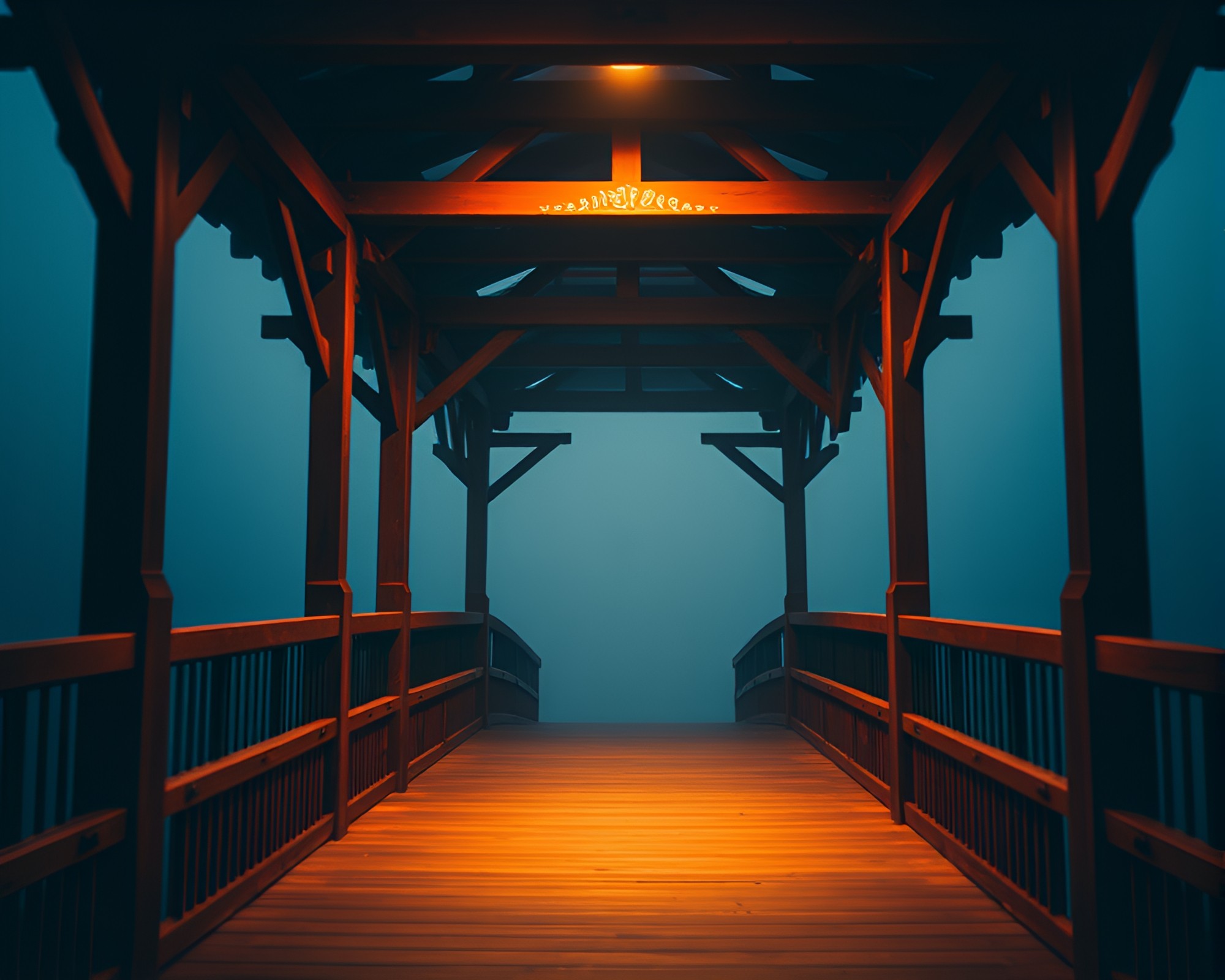 Misty Wooden Bridge in Noir Architectural Frame – free AI stock image