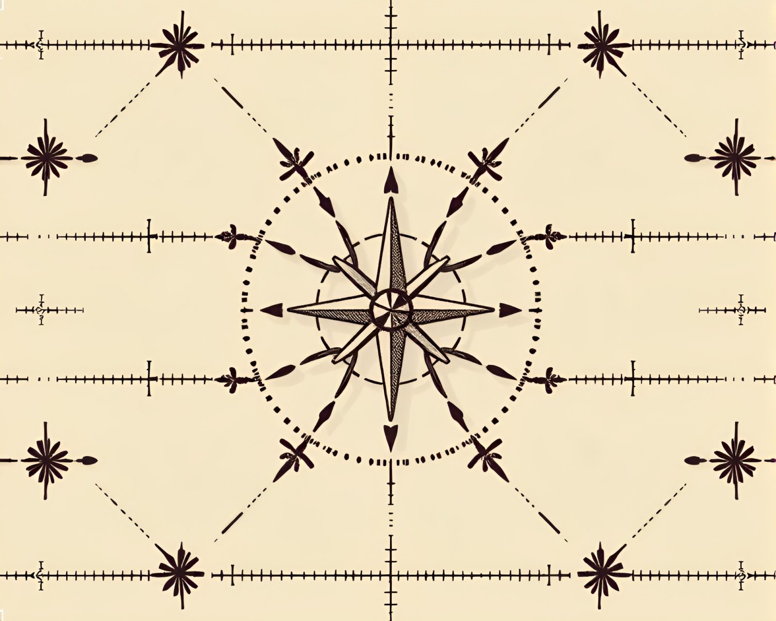 Detailed, shadowy compass made of stitched patterns in data theme