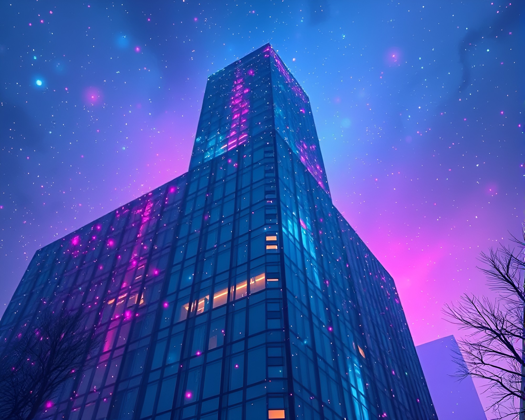 Phosphorescent Brutalist Building with Holographic Specks – free AI stock image