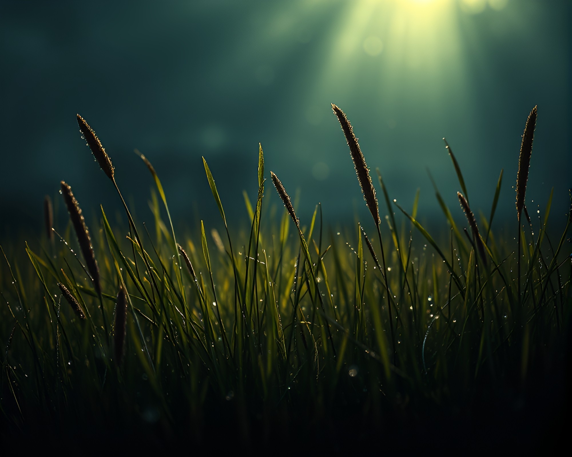 Dew Drops Glisten on Savannah Grass under Dramatic Light – free AI stock image
