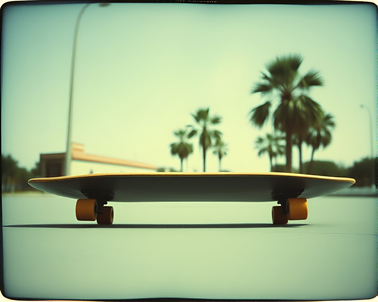 Off-center skateboarder in vintage polaroid with sumi-e brushwork