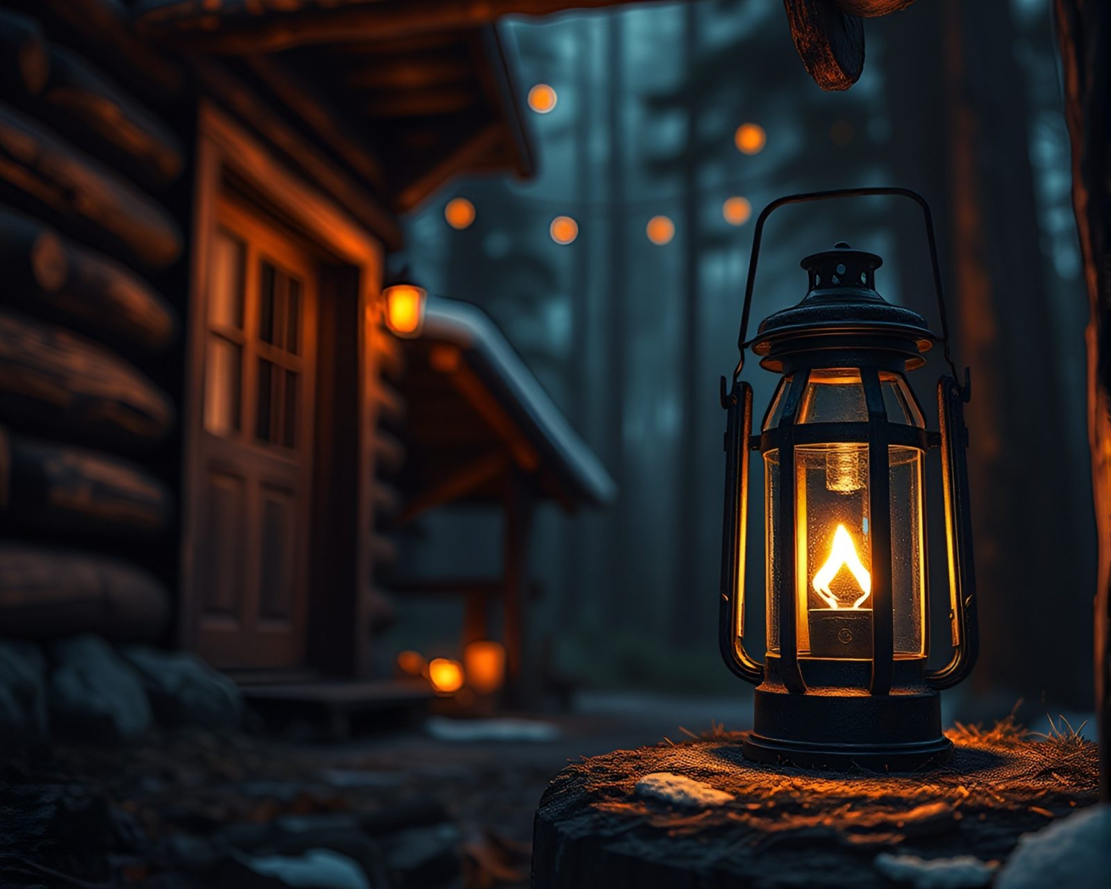 Illustration of a cozy cabin glowing with lantern light