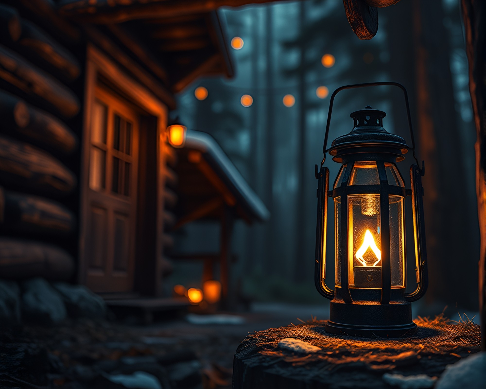 Rustic Cabin Illuminated by Lantern Light Comic Style – free AI stock image