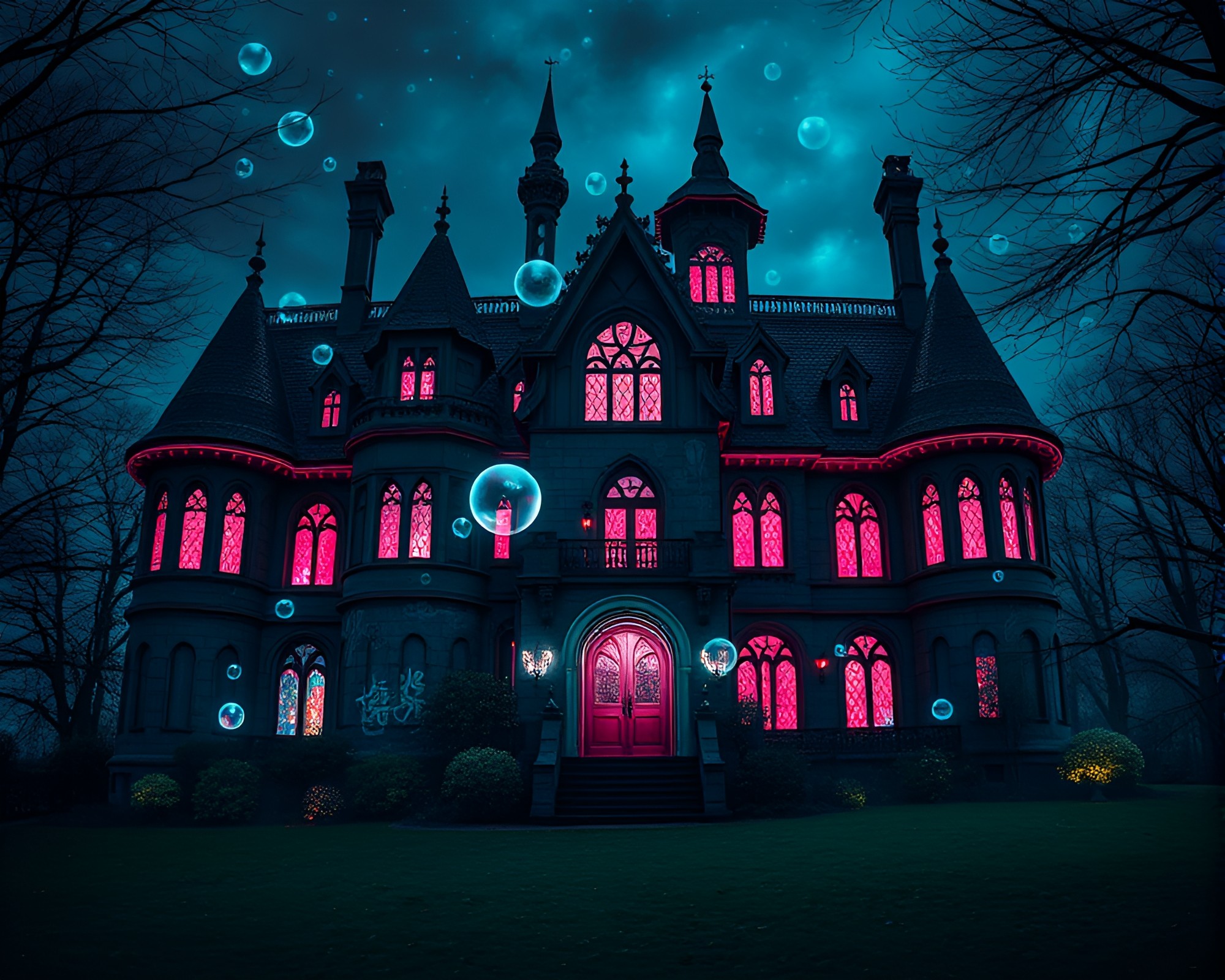 Glowing Bubble Clusters Surround Neo-Gothic Mansion – free AI stock image