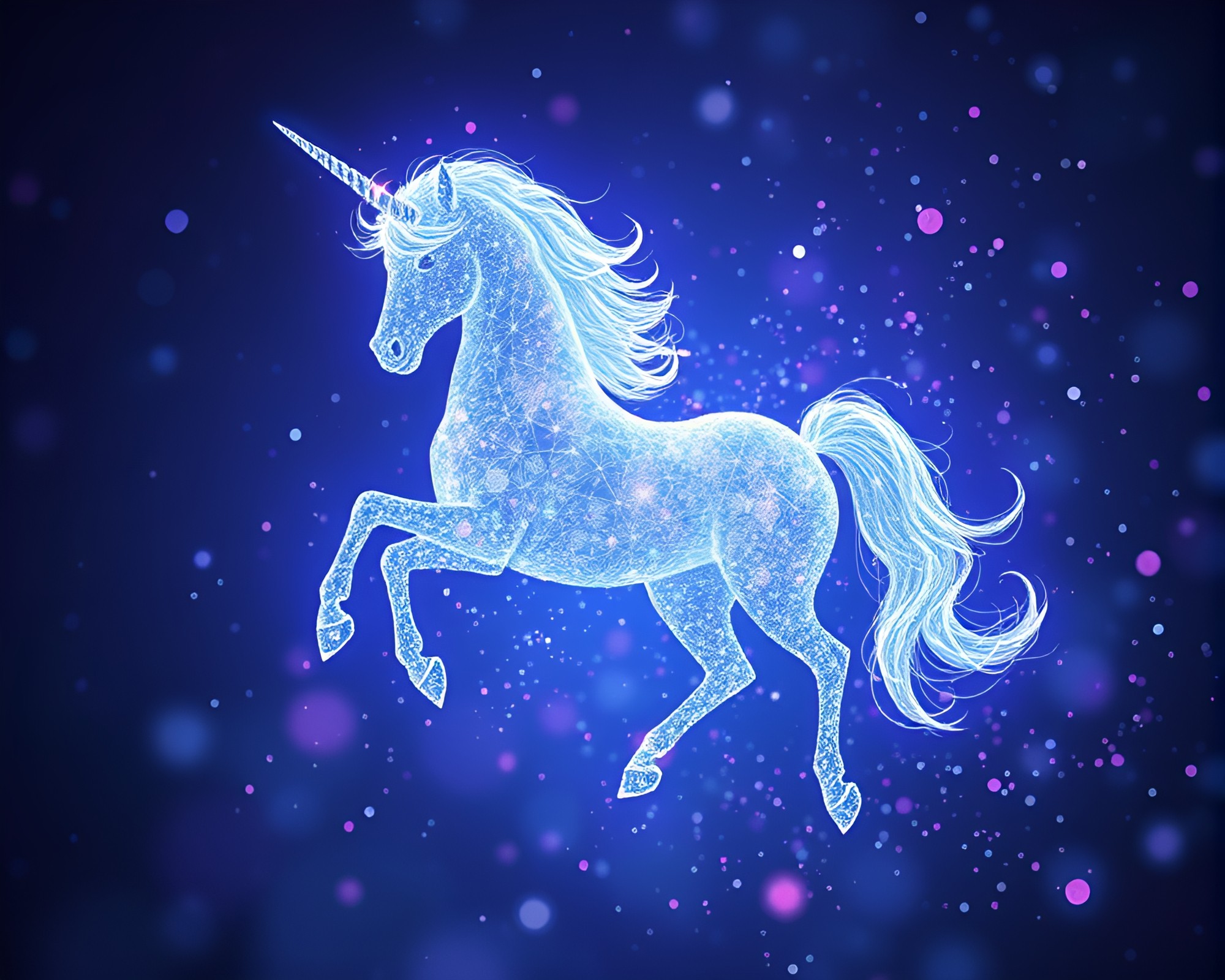 Sapphire Unicorn amidst Floating Particles – free AI stock image