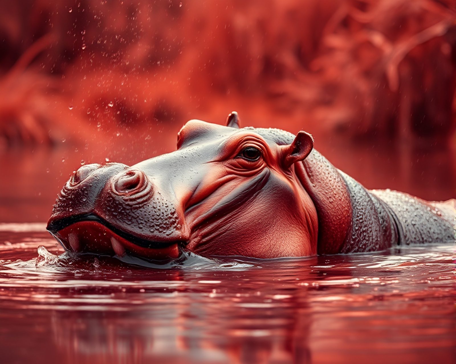 Fascinating image of a blurred hippopotamus surrounded by water droplets