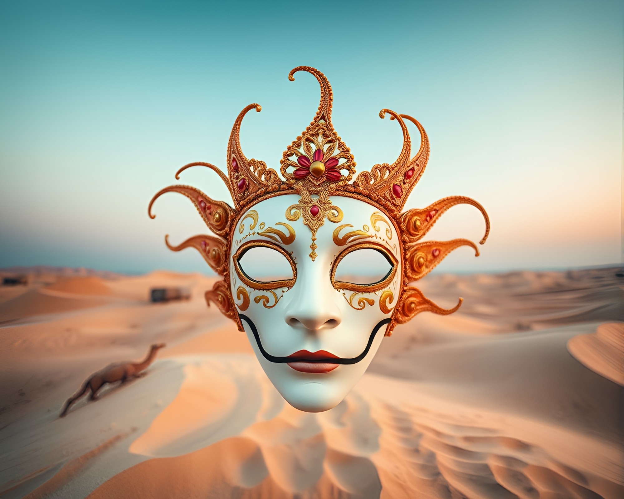 Venetian Mask Mirage in Desert Sands – free AI stock image