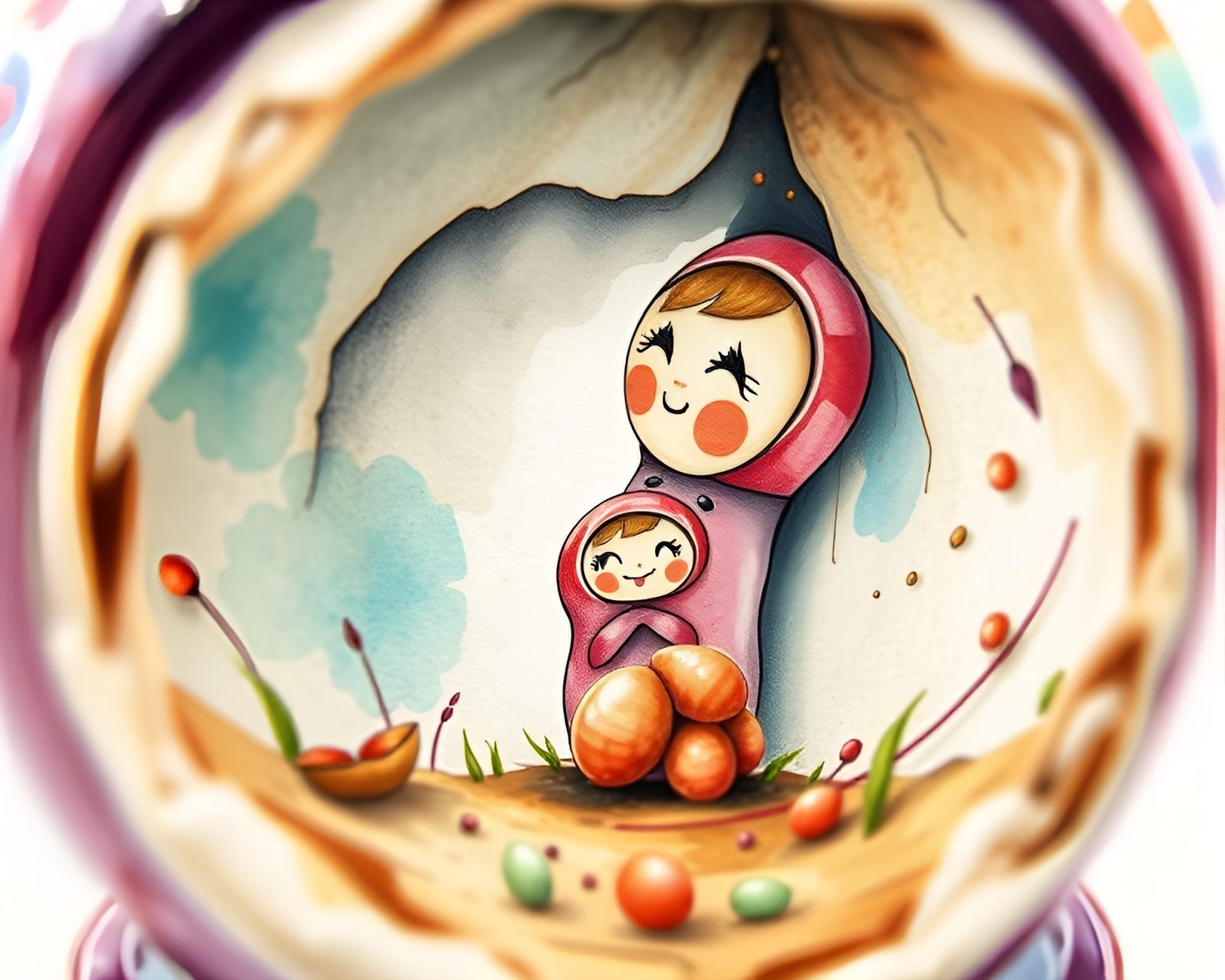 Stacked Matryoshka dolls in a hatching style with watercolor wash