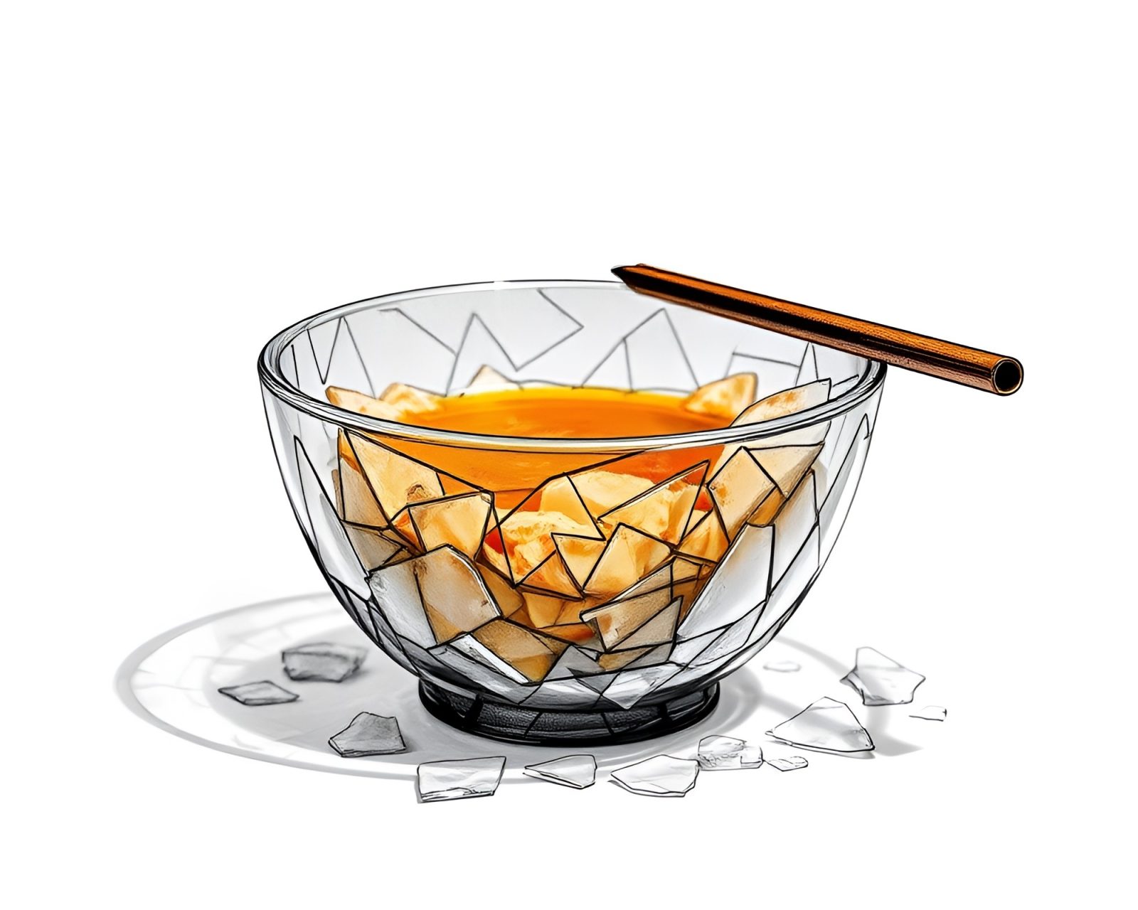 An artistic illustration of a ramen bowl surrounded by glass shards